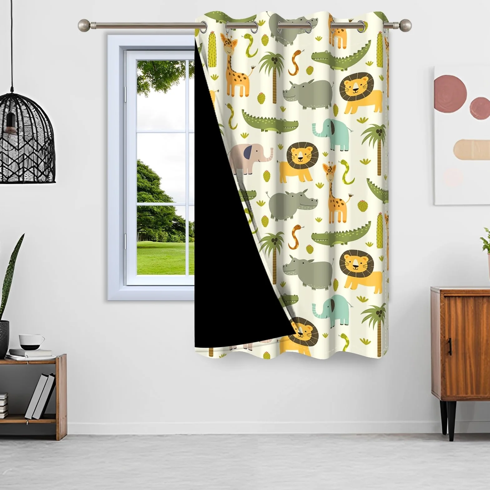 135x245cm Rideau à œillets Animaux pour Chambre d'enfant Girafe Lion Tropical Jungle Mignon Dessin animé Occultant Isolant Rideaux de fenêtre pour Salle de Jeux Salon,1 Panneau Simple