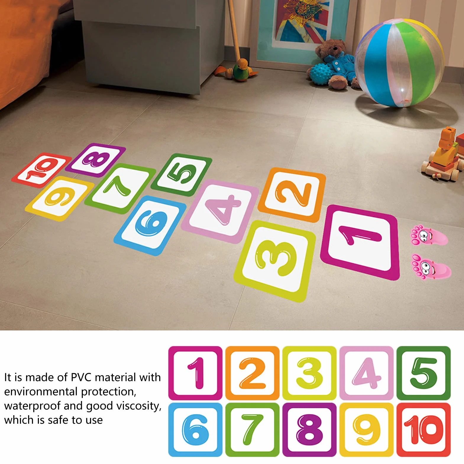 Tapis de Marelle Imperméable pour Enfant, 10 Chiffres Puzzle, Autocollant Mural de Sol, Décoration Chambre Bébé