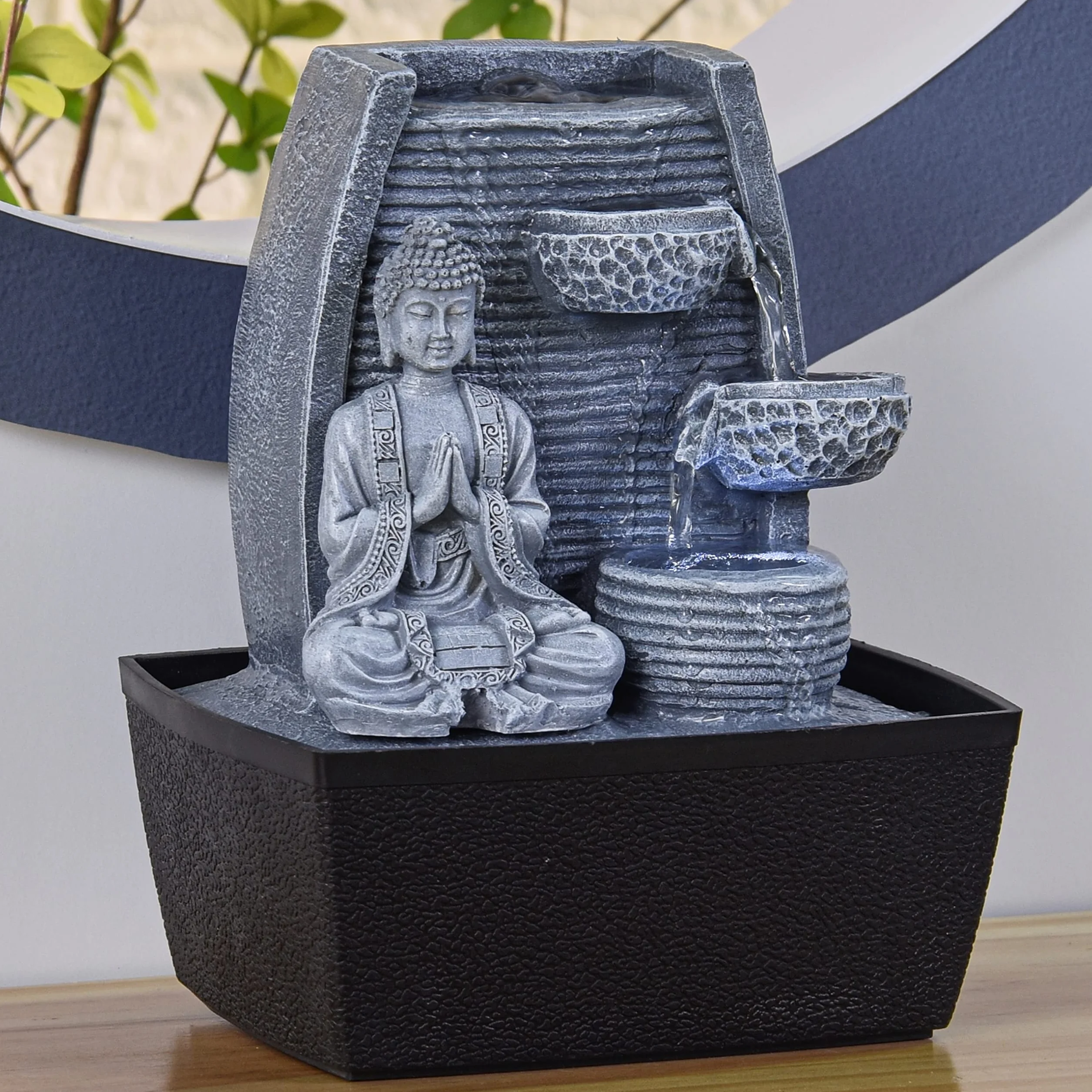 Fontaine d'Intérieur Mur d'Eau Cascade Statue Bouddha Amovible Lumière LED Blanc Circuit fermé H 26cm Décoration Zen Sagesse Zen'Light