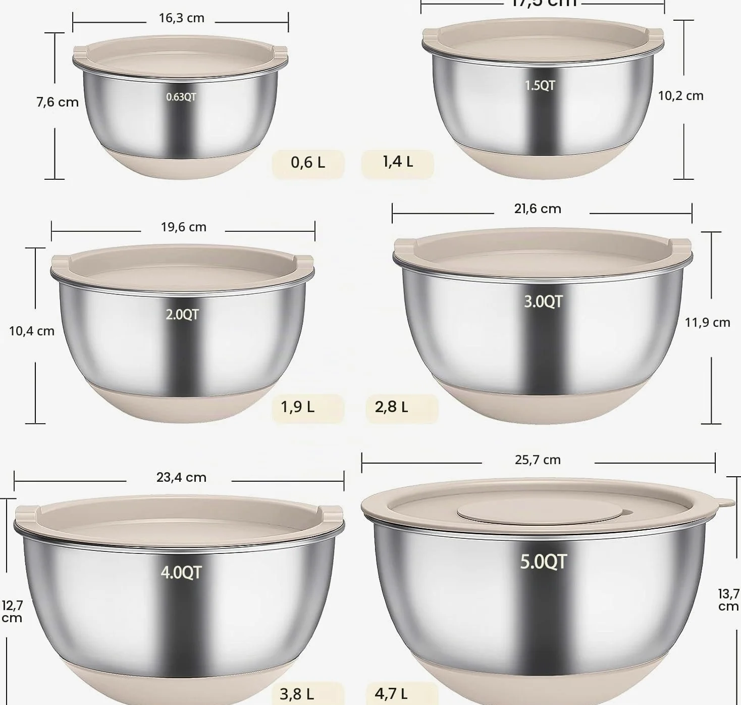 Terlulu Lot de 6 saladiers en acier inoxydable avec couvercle et fond en silicone, 3 embouts de râpe, 4,7 l/3,8 l/2,8 l/1,9 l/1,4 l/0,6 l, antidérapants et empilables, kaki