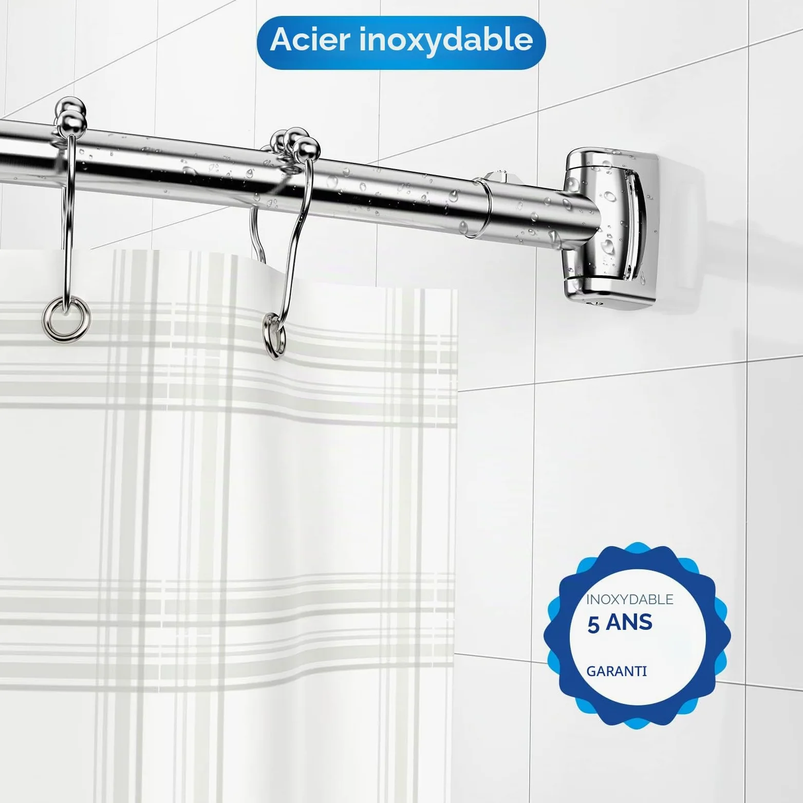 Tringle à rideau de douche incurvée réglable et extensible en acier inoxydable de 110 à 180 cm, design télescopique exquis personnalisable pour salle de bain, besoin de percer.