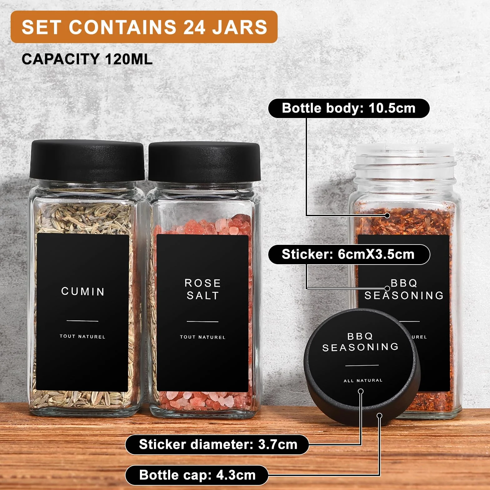 Bocaux à Épices 24 Pièces en Verre 120ml avec Tamis, Étiquettes Françaises et Entonnoir