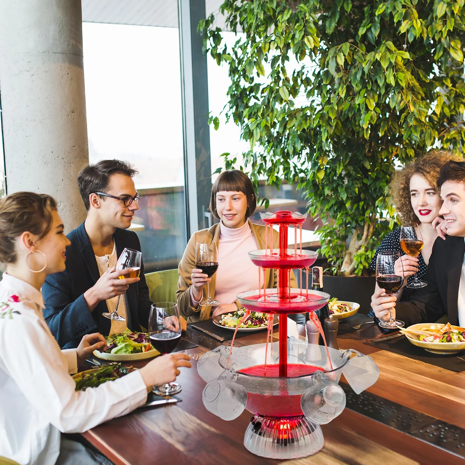 Fontaine à vin rouge 3 niveaux transparente avec 5 tasses, base LED, stable pour fête anniversaire