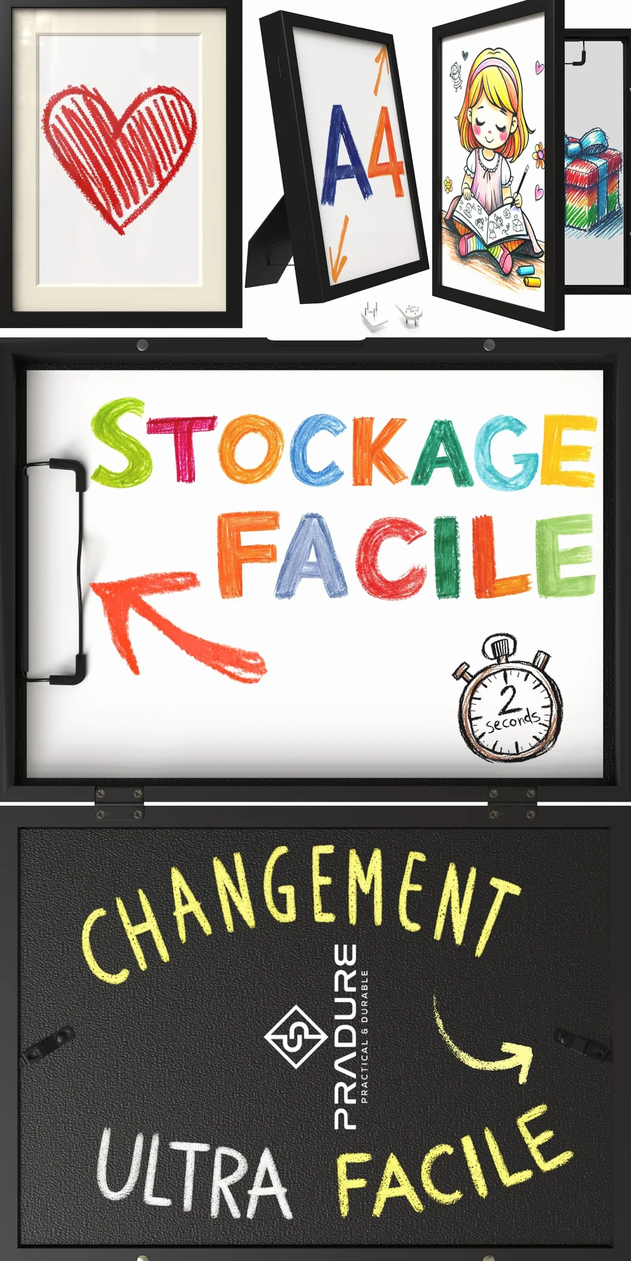 Cadre Dessin Enfant A4 Noir Bois Interchangeable, Rangement 80 Feuilles