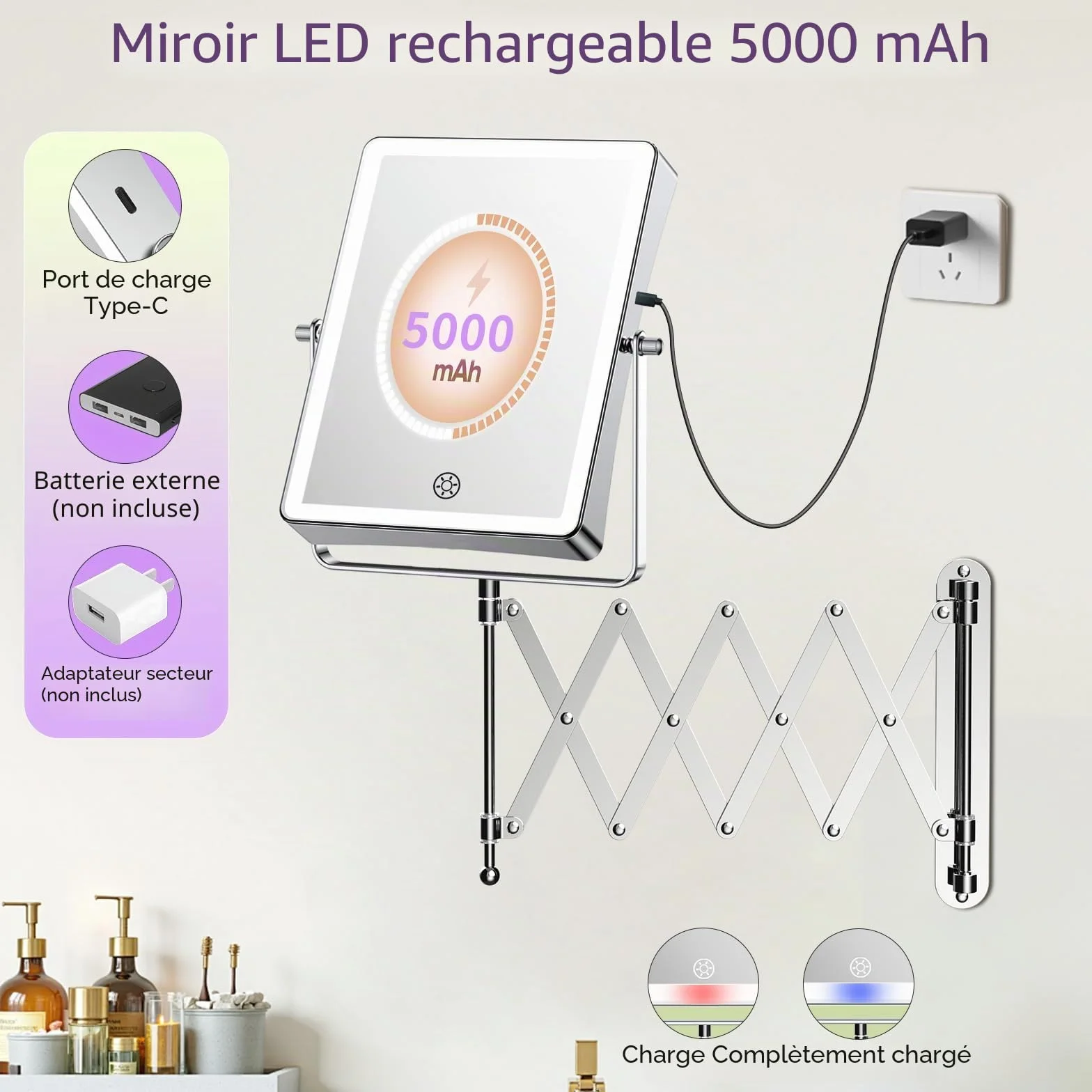 Famihomii Miroir Maquillage Lumineux Rechargeable 5000mAh 8,7" Double Usage 1X/30X Grossissement Mural 3 Températures de Lumière Pivotant 360° Chrome