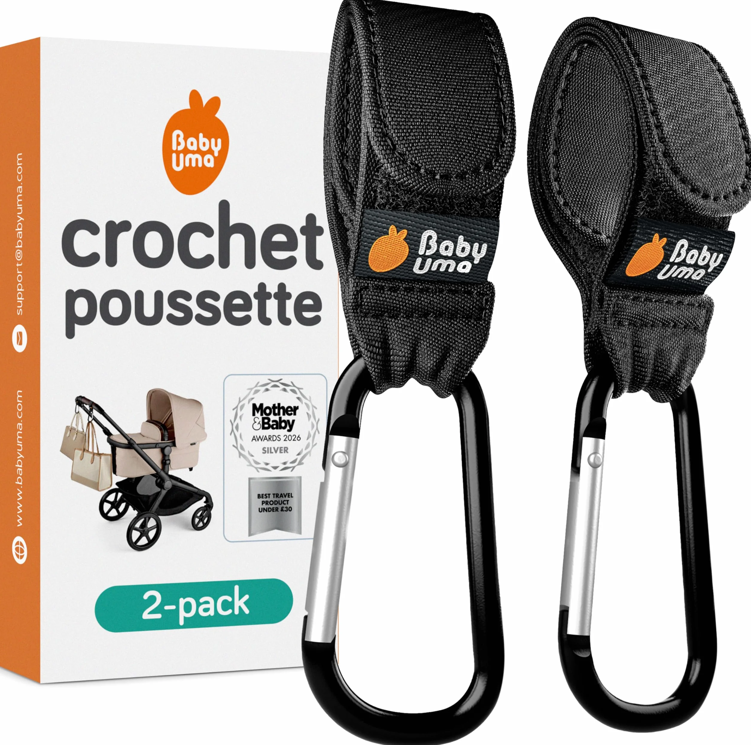 Baby Uma Crochets Poussettes 2 Pièces - Crochet Poussette Universel, Supporte Jusqu’à 5 kg, Accessoire Poussette