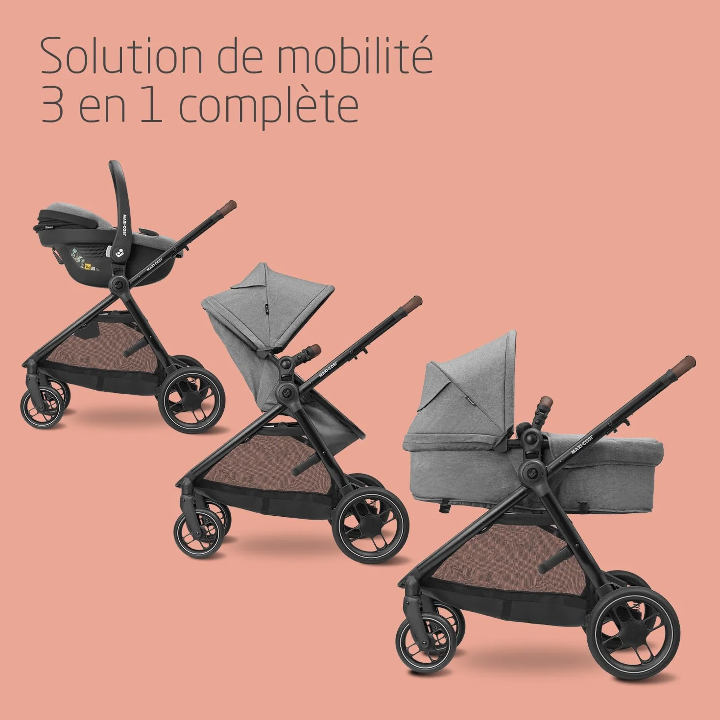 Maxi-Cosi Zelia S Trio Poussette 3 en 1, 0-4 Ans, 22 kg, Pliable, Compacte, avec CabrioFix S i-Size, Gris