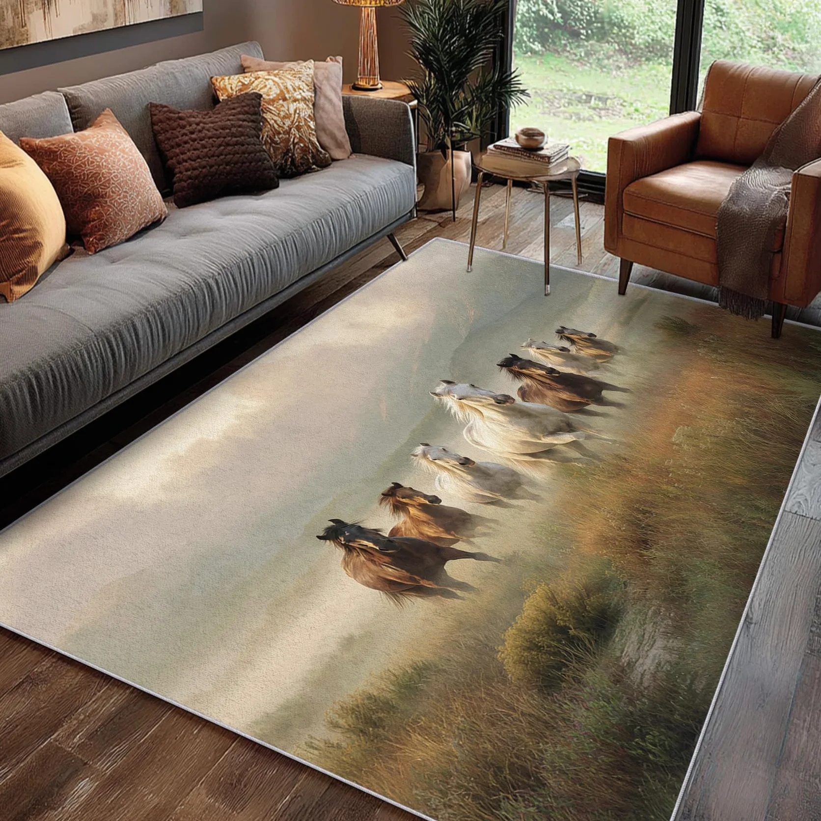 Générique Tapis Cheval, Tapis Salon Motif Chevaux au Galop 140x200 cm, Pile Courte, Antidérapant, pour Carpette Chambre, Descente de Lit, Lavable Interieur, Decoration Maison A(459)
