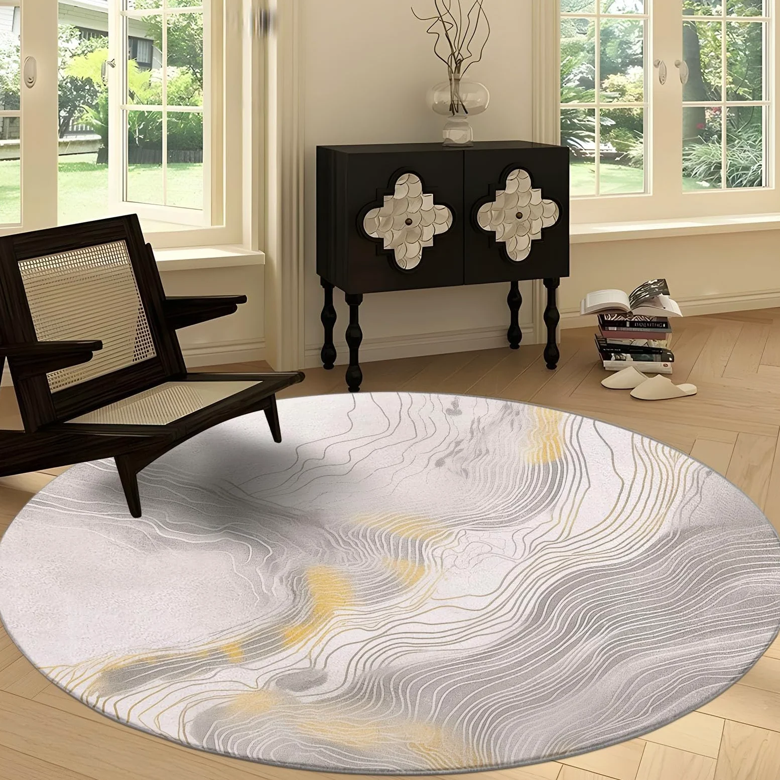 Tapis Ronds Lavables 120 cm, Marbre Texturé Doré Tapis Rond Antidérapant pour Salon, Surréalisme Rugs Rond à Poils Courts Doux pour sous Table à Manger