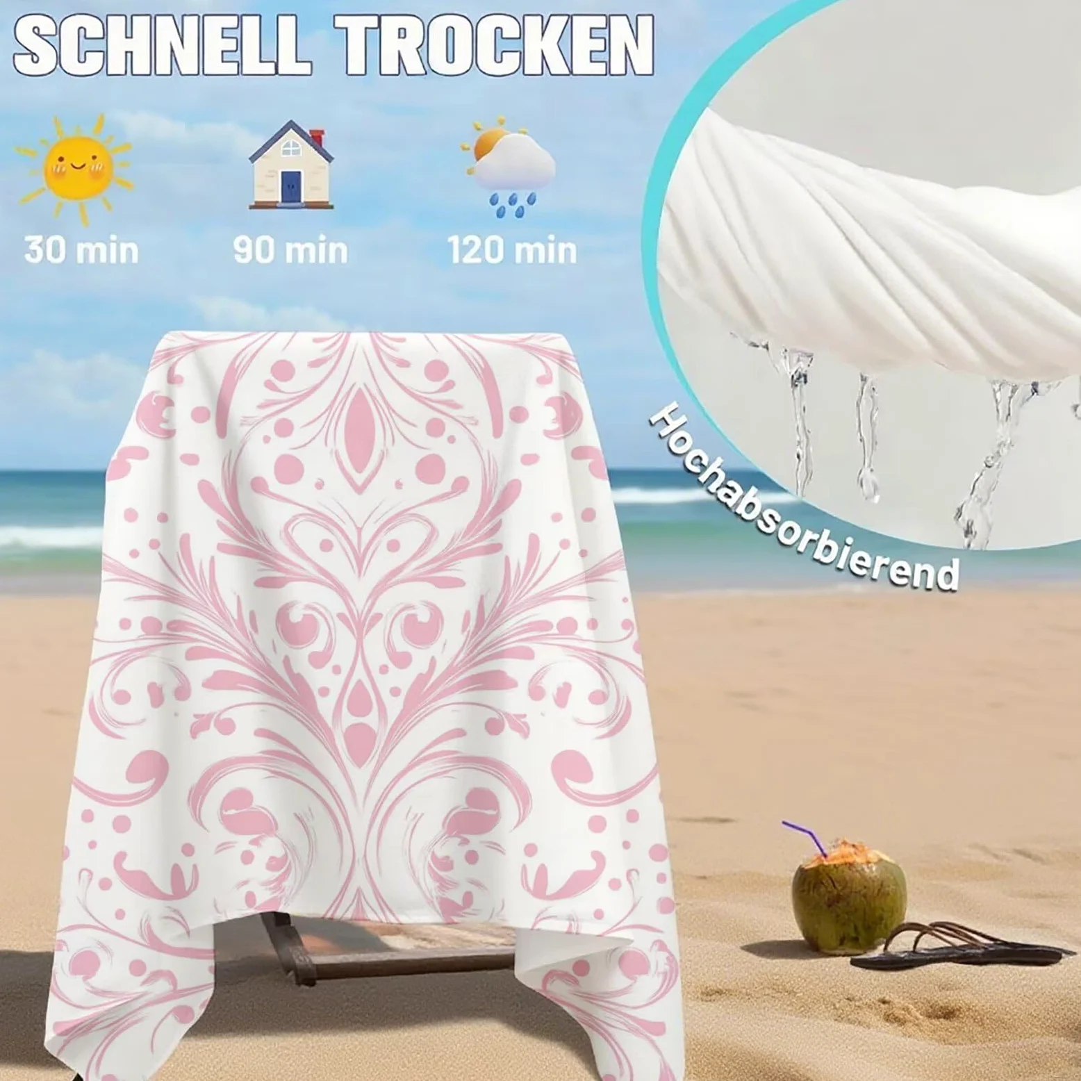Serviette de Plage XXL 100x200 cm,Rose Serviette Plage Microfibre avec Séchage Rapide, Anti-Sable, Absorbante Fonction Design pour Vacances Piscine Pique-Nique Voyages Yoga, Cadeau Femme Q-659