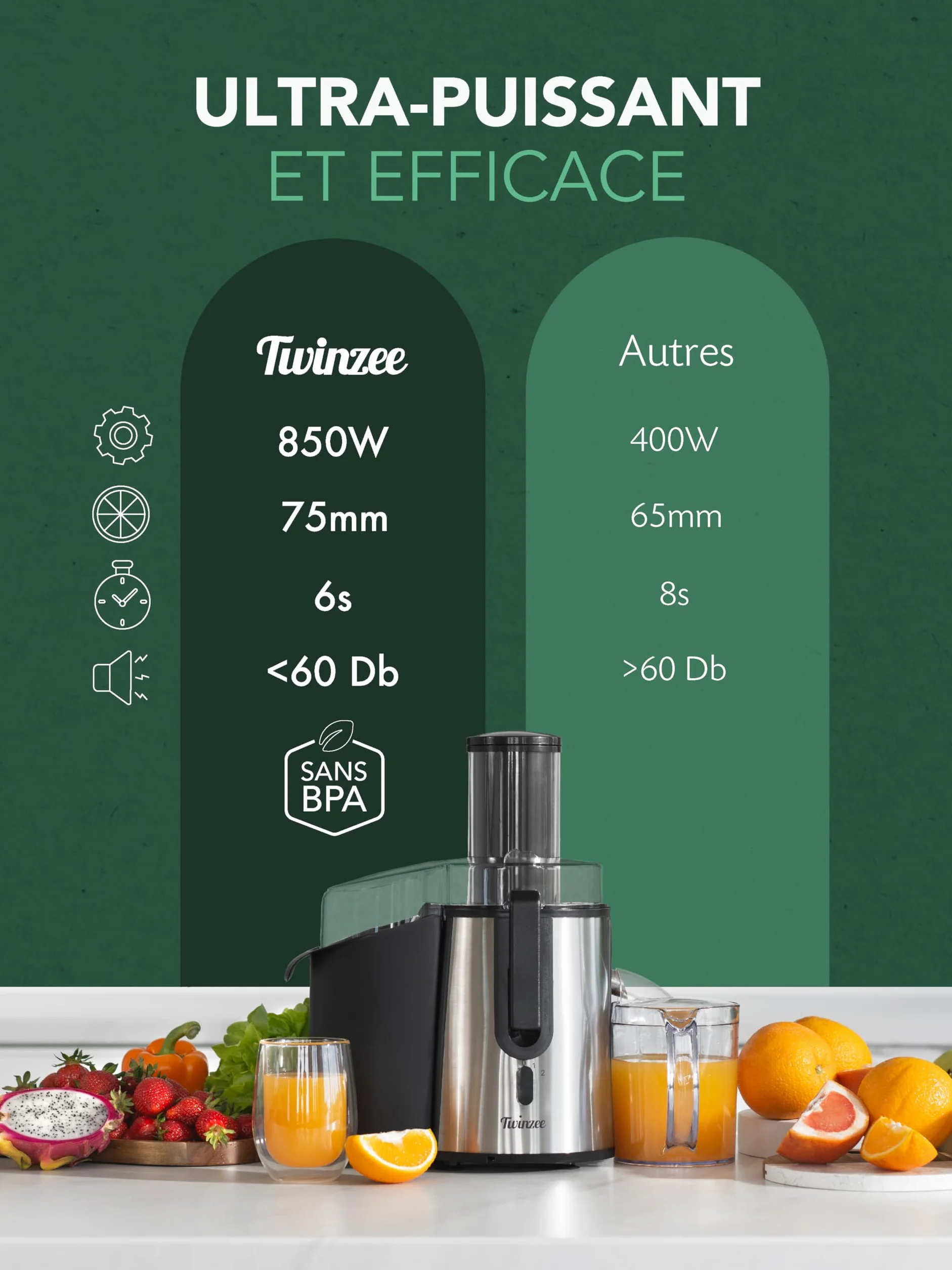 Twinzee Extracteur de Jus Fruits Légumes 850W Centrifugeuse Goulot 75 mm 2 Vitesses