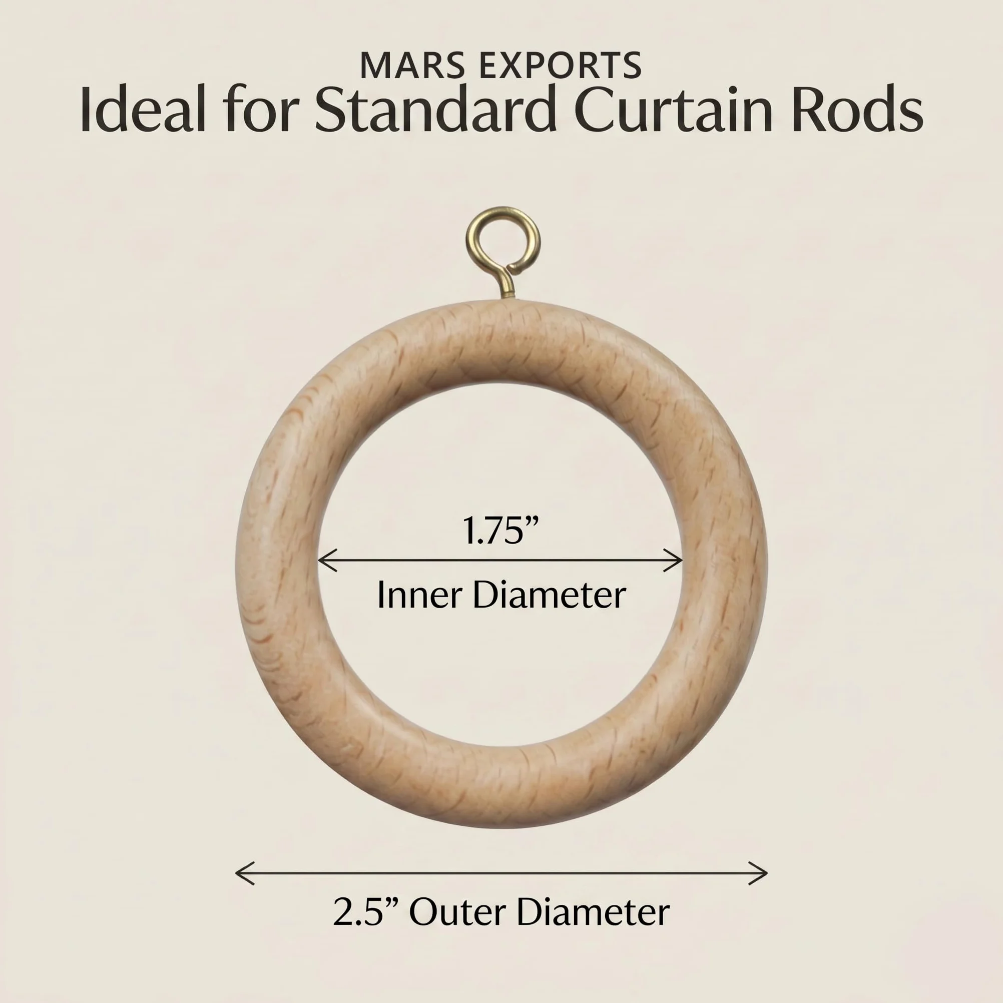 Lot de 50 Anneaux de Tringle à Rideaux en Bois de 6,3 cm pour Tringle à Rideaux de 3,8 cm, diamètre intérieur de 4,4 cm, Bois de hêtre Naturel (127,2 cm, diamètre intérieur de 4,4 cm)