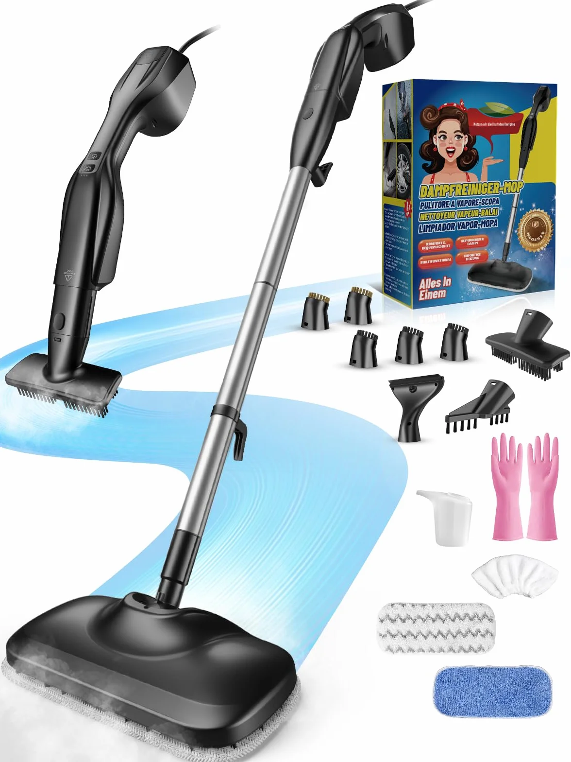 Nettoyeur Vapeur Balai Multifonctions 2-en-1, Chauffe Rapide 30s, 1000W, Réservoir 240ml