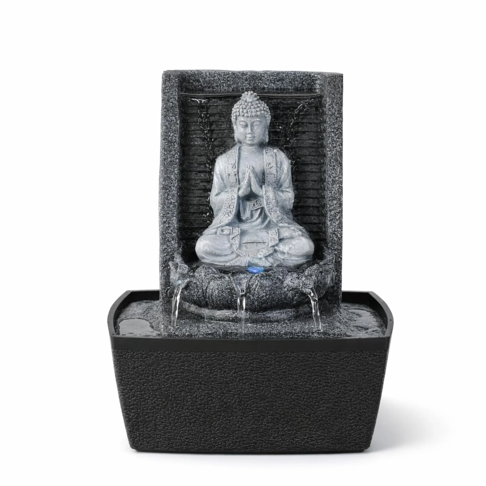 Fontaine d'Intérieur Bouddha Mur d'Eau Cascade Lotus Lumière LED Blanc Déco Zen Salon Chambre Feng Shui H 26cm