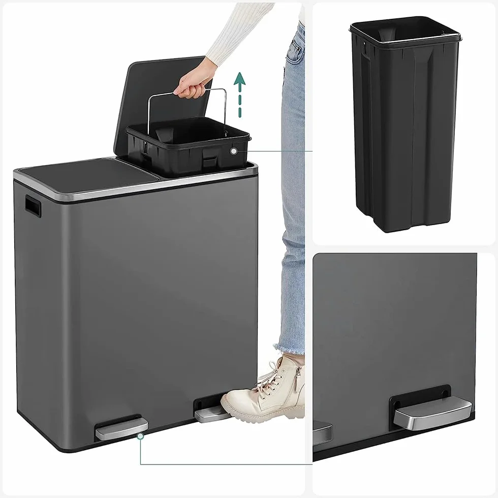 Panana Poubelle à Double Compartiment 60L 2x30L Pédales Métal Sacs Poubelles Gris