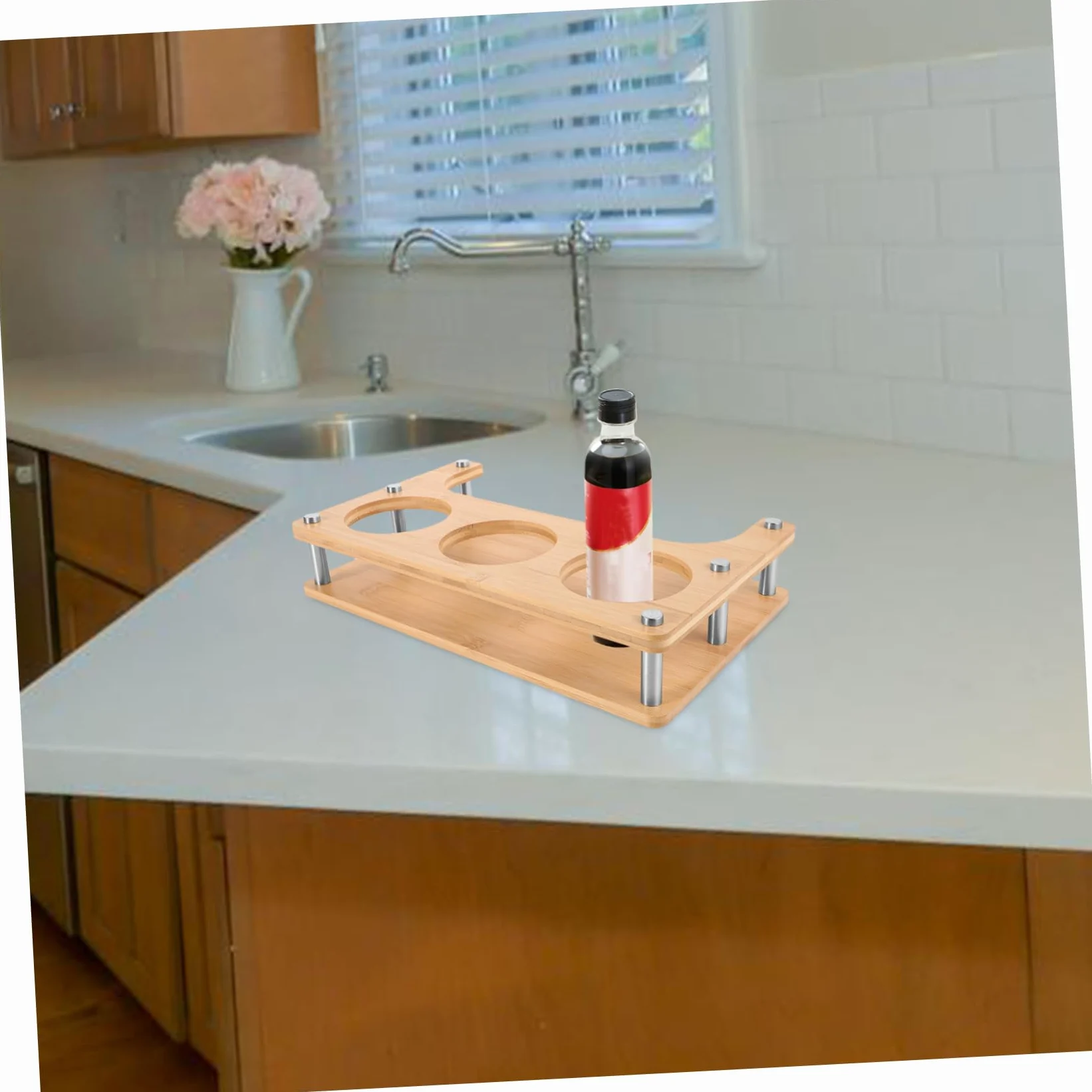 Abaodam Rack De Stockage De Pot D'assaisonnement Distributeur D'épices Portatif Rack à Épices Rond En Métal D'épices De Cuisine Support De Support De Comptoir Bac à Sel Beige En Bois