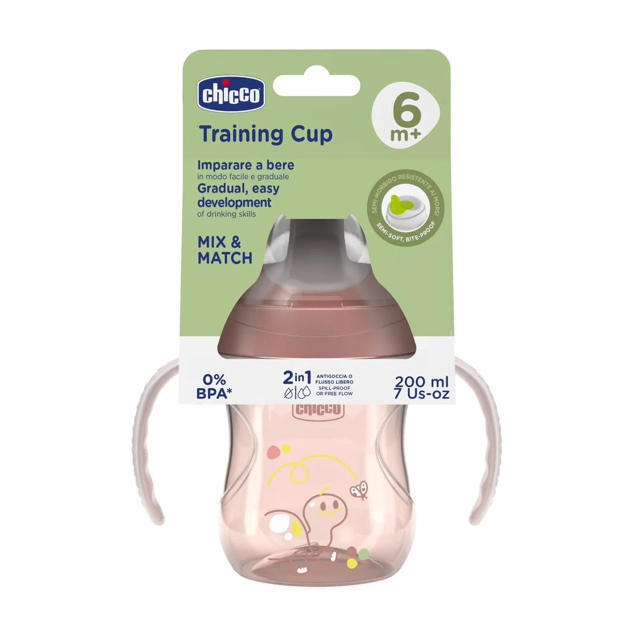 Chicco tasse d'apprentissage anti-goutte plastique bec ergonomique semi-doux 6+ mois sans BPA Rose
