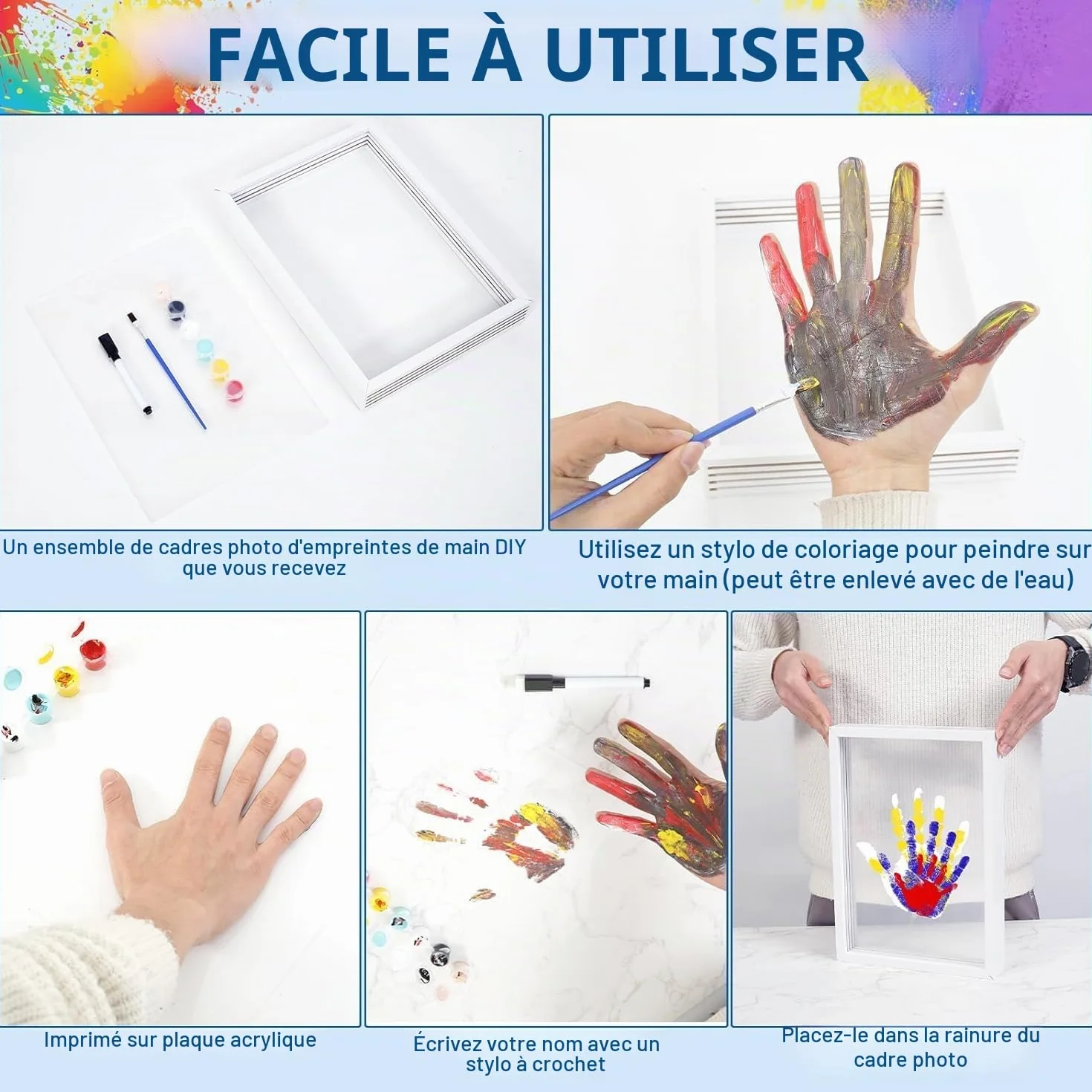 Kit d'Empreintes de Mains Familiales, Cadre en Bois Souvenir Artisanal, Coffret Cadeau, Peintures Non Toxiques, Feuilles Transparentes (Blanc)
