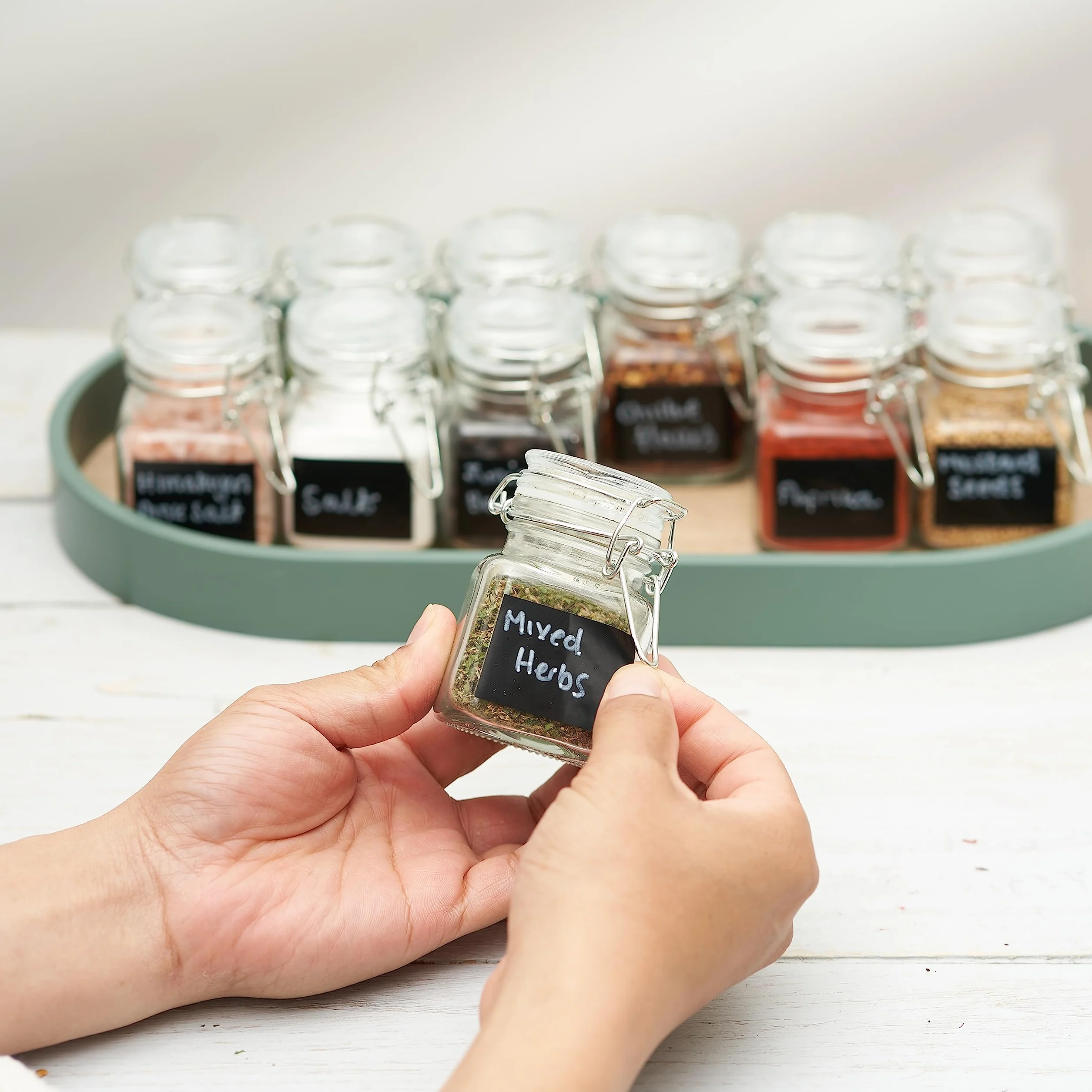 Mini Pots à Épices en Verre Hermétique 100ml avec Clip, Étiquettes & Stylo à Craie - Rangement Cuisine