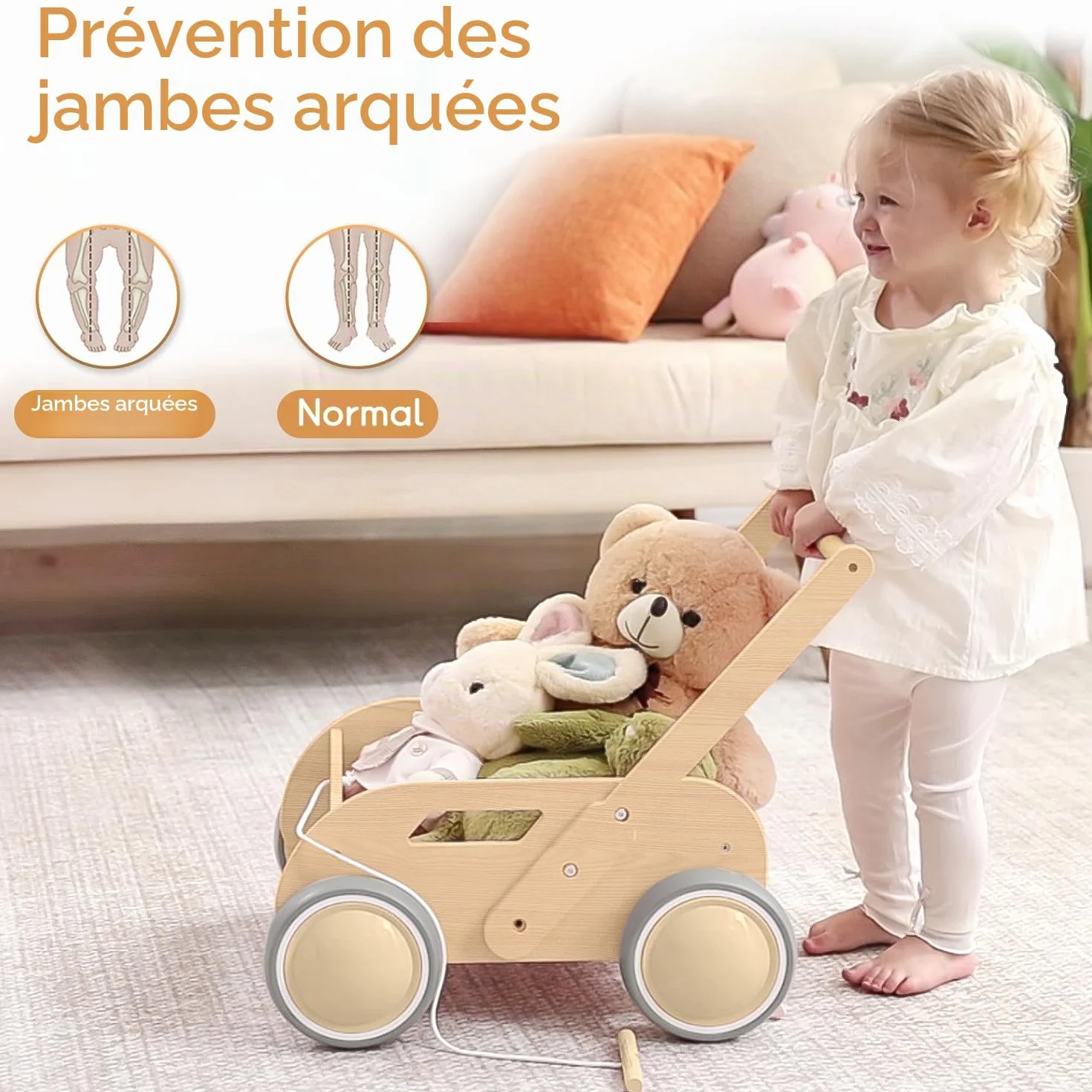 Trotteur Bébé en Bois, Chariot de Marche pour Garçons et Filles, Baby Walker avec Roues, Cadeau Anniversaire Noël