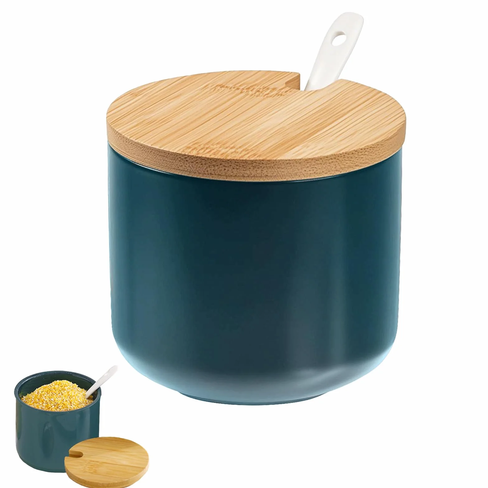 Salière en céramique avec couvercle en bois et cuillère, vert émeraude, récipient à sel moderne pour cuisine et table