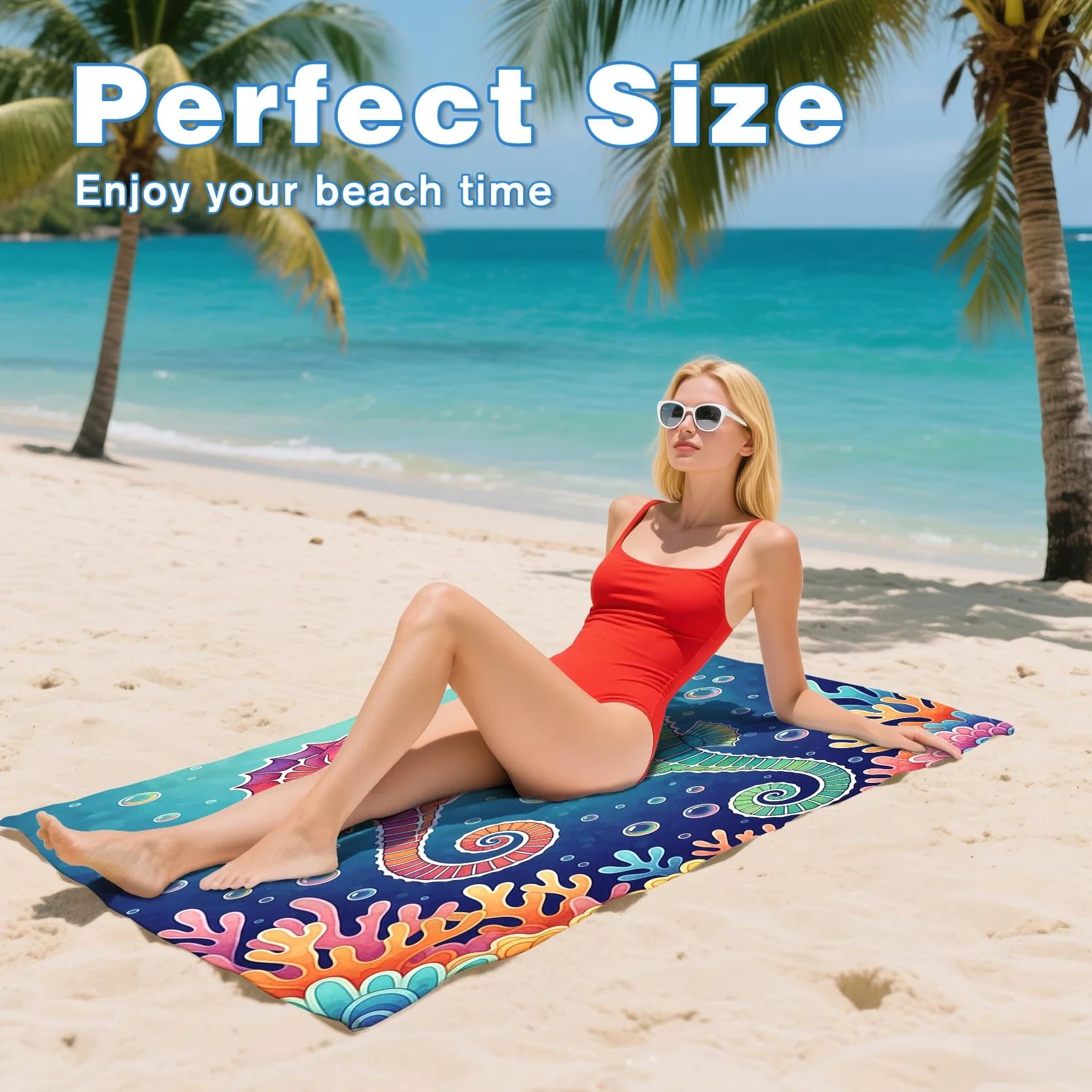 Serviette de Plage XXL Microfibre Hippocampe Animaux Marins Tropicale, Drap de Plage Séchage Rapide Anti Sable & Légère, Serviette de Bain Grande Taille 200x200 cm, Accessoire & Cadeau été