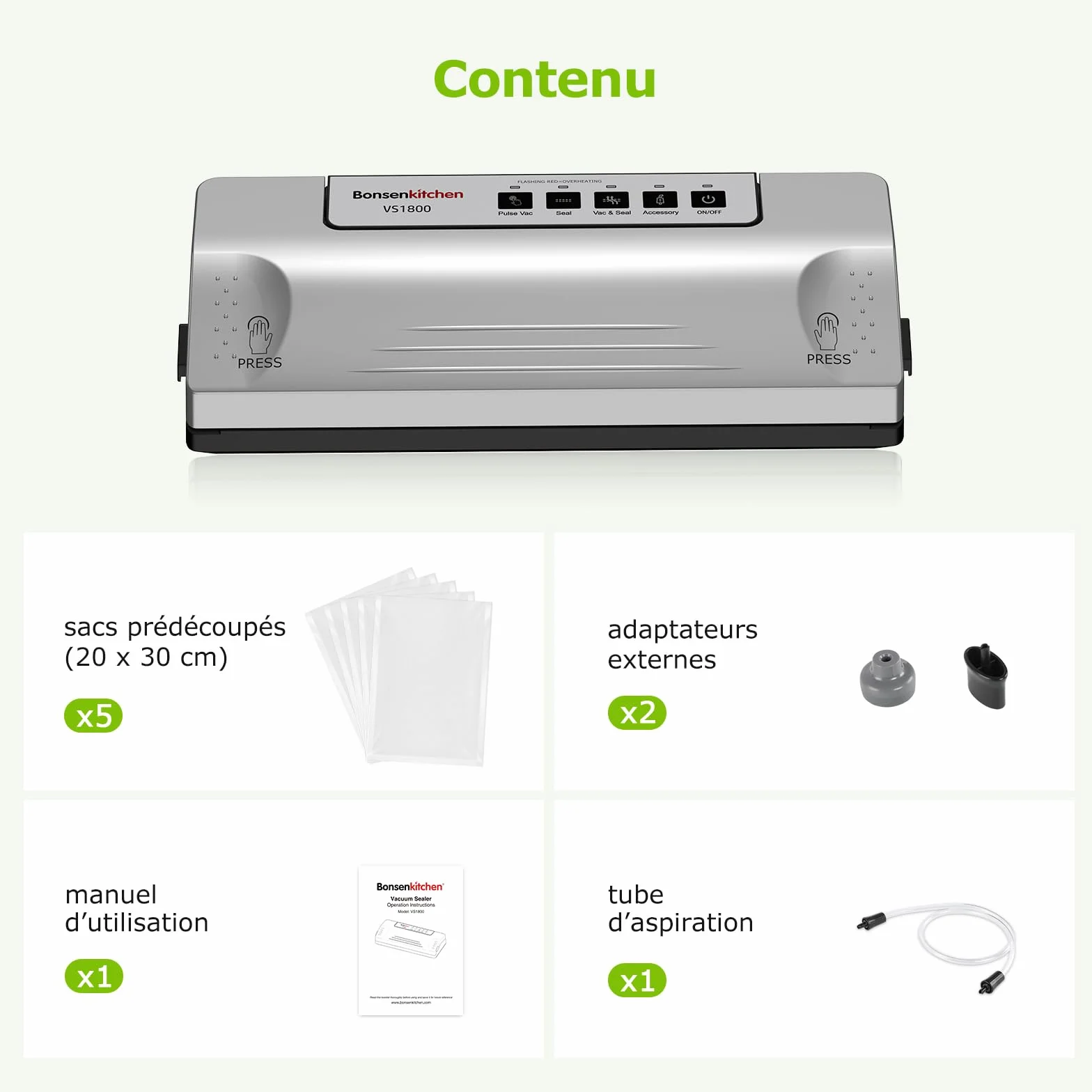Bonsenkitchen Machine Sous Vide VS1800, Soudure Robuste 30 cm, Fonction Pulse
