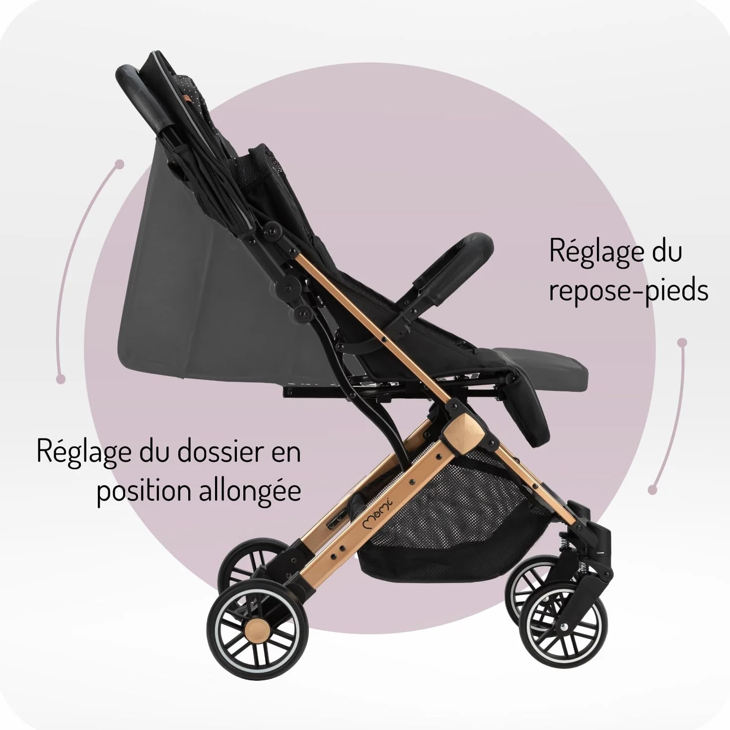 MoMi ESTELLE Poussette compacte légère pliable 6 mois 15 kg dossier inclinable repose-pieds réglable roues amorties grand panier harnais 5 points
