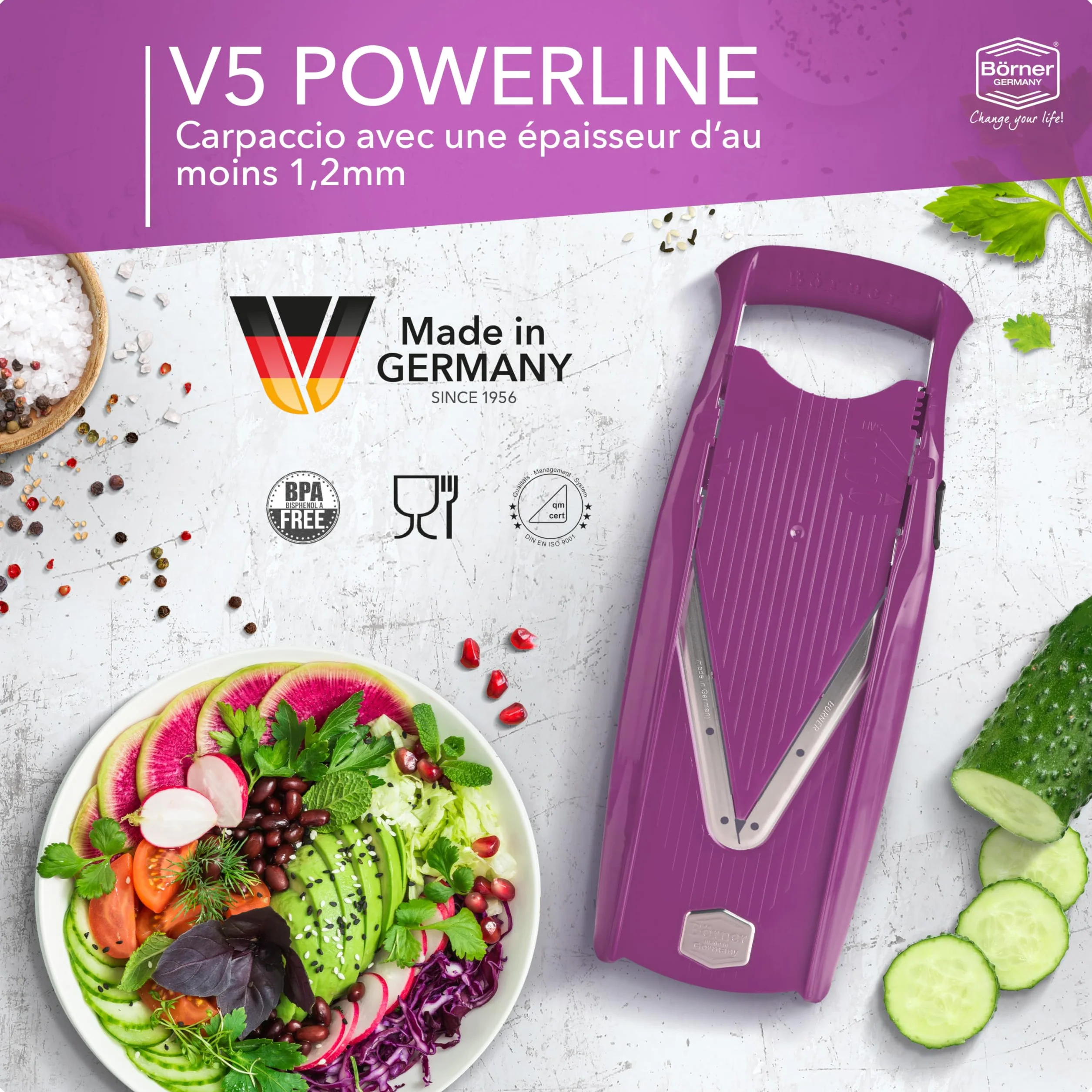 Börner V5 Coupe-Légumes Mandoline Trancheuse Lame Acier Inoxydable 4 Épaisseurs Violet