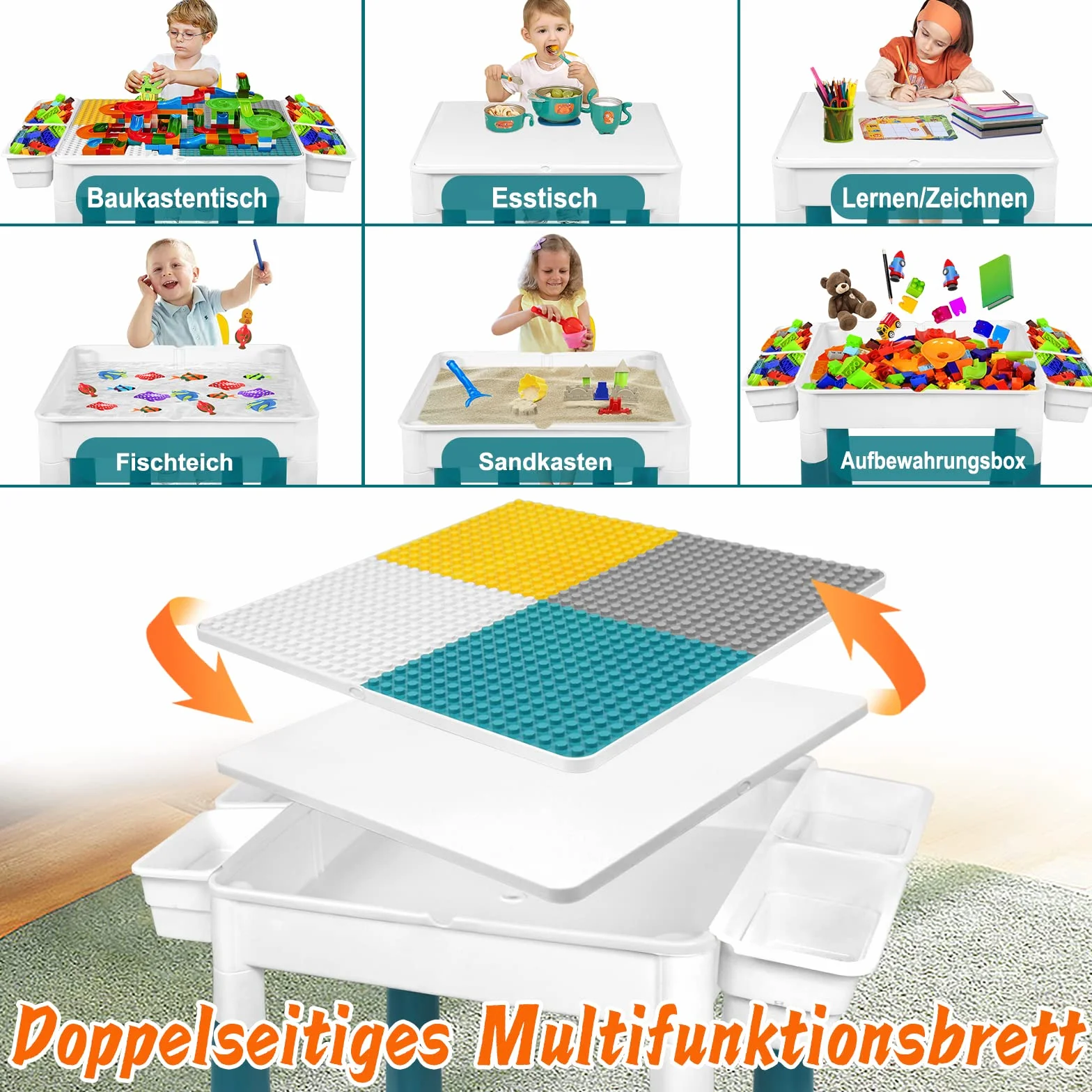 Table 6 en 1 pour enfant avec 2 chaises et 163 blocs de construction - Table d'activité multifonction plateau double face