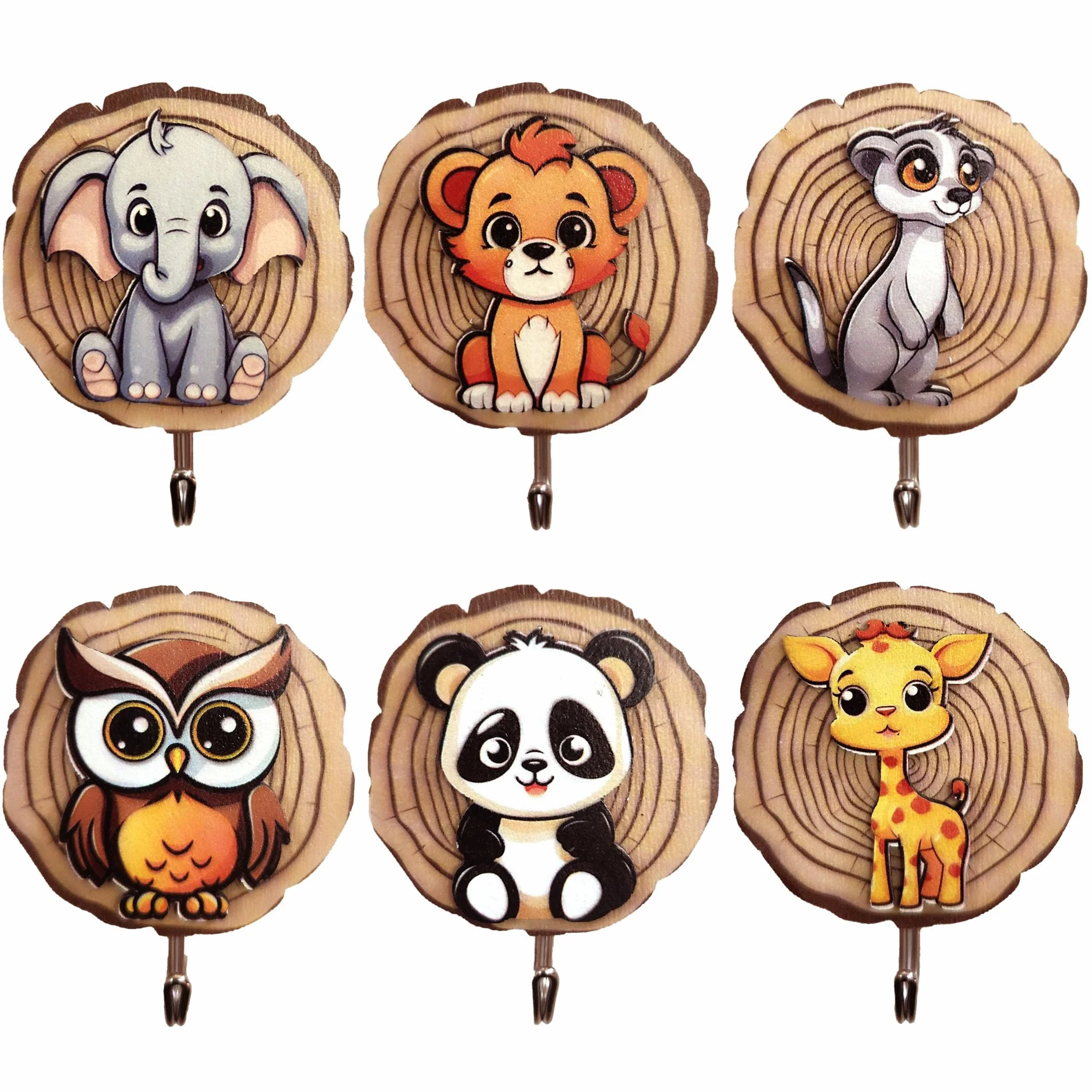 Crochets Muraux Autocollants en Bois pour Enfants Forme Animal Lot de 6 Sans Perçage
