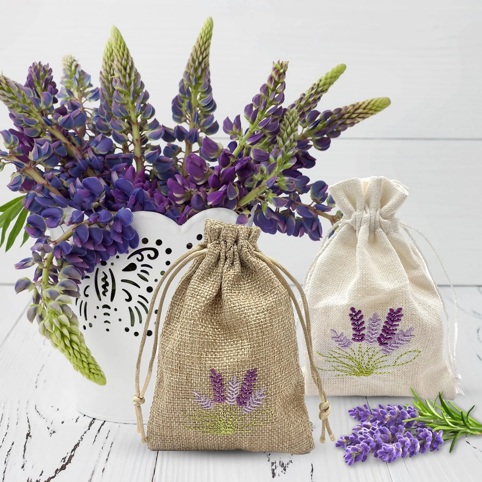 Sachets de lavande vides à remplir avec cordon de serrage, coton et lin, lot de 12