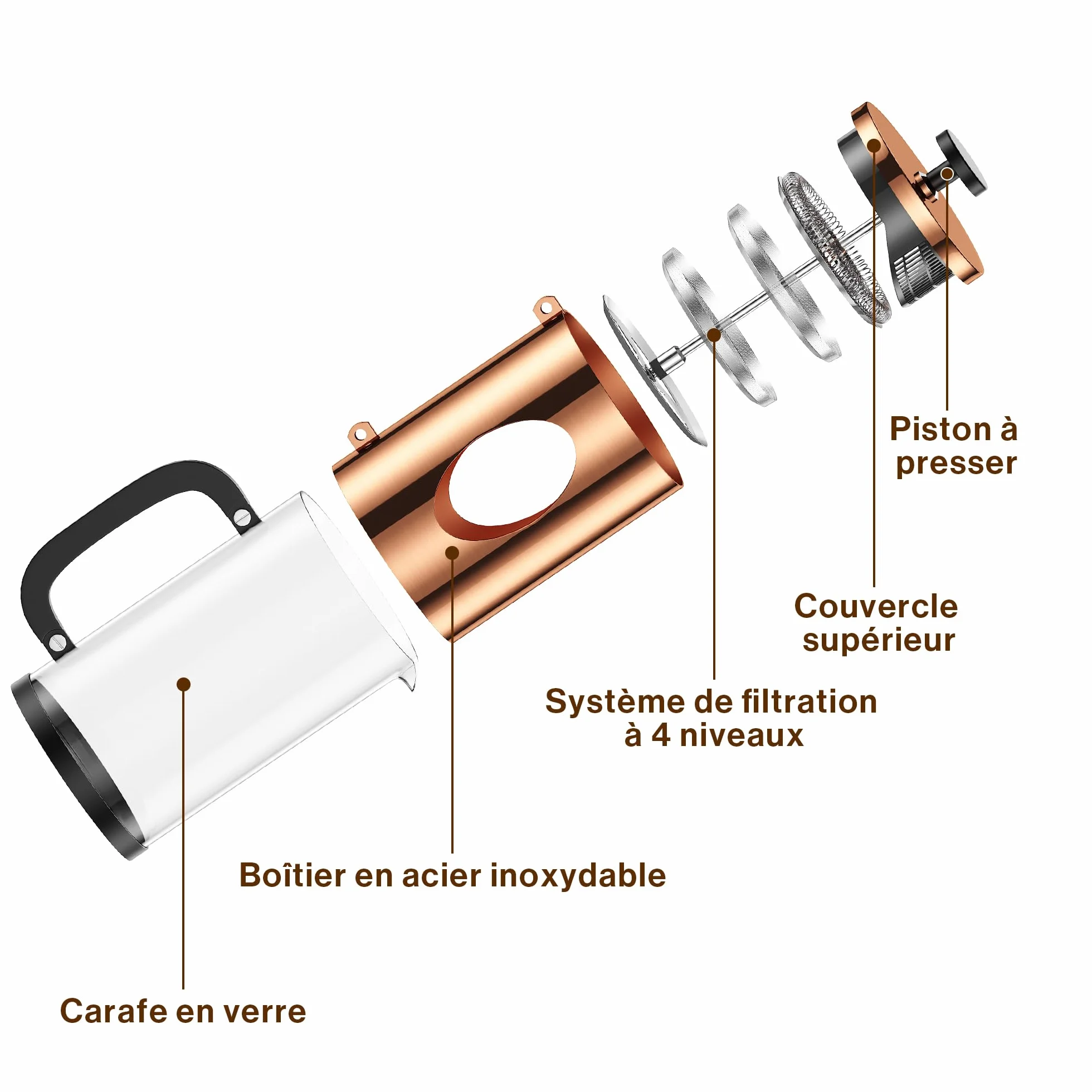 BonVIVO Cafetière à Piston 1L Inox Verre Thermorésistant French Press avec Filtres de Rechange Finition Cuivre