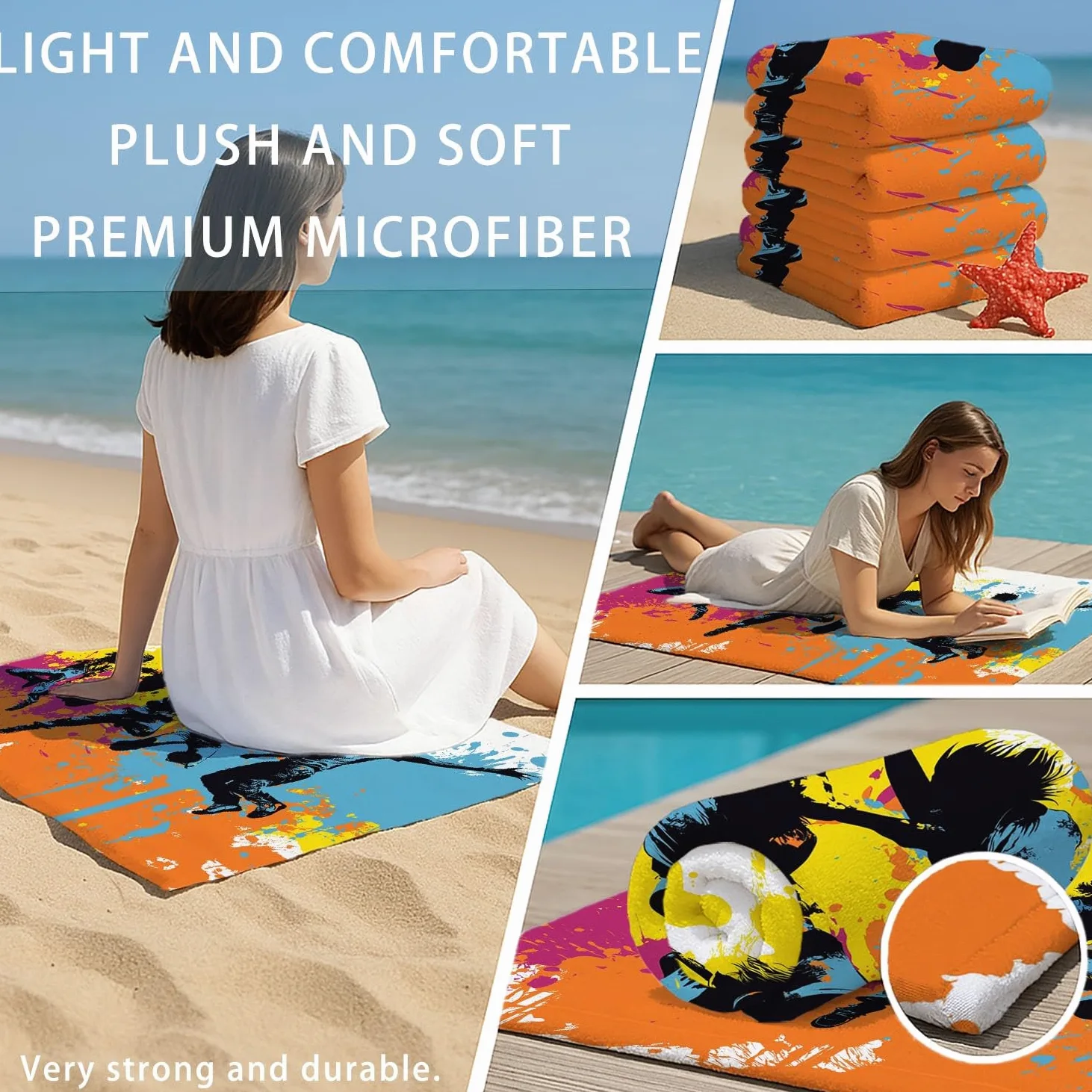 Générique Serviette de Plage Microfibre 230 x 210 CM,Drap de Plage Urbain, Graffiti, Silhouette, Couverture de Plage Absorbante,Couverture de Bain Silhouettes Vibrantes