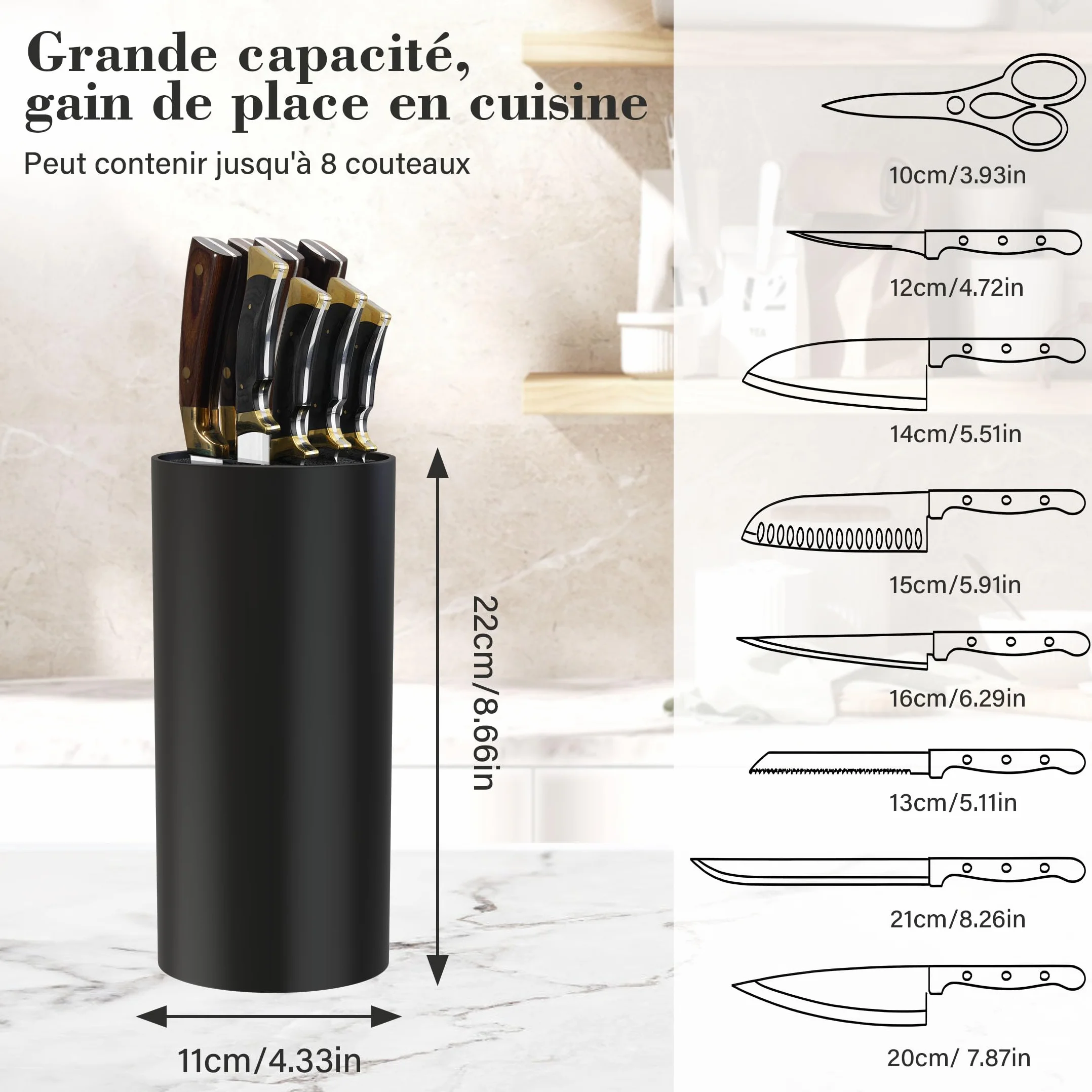 Bloc Couteaux Cuisine Universel Range Couteaux avec Lattes Flexibles, Noir