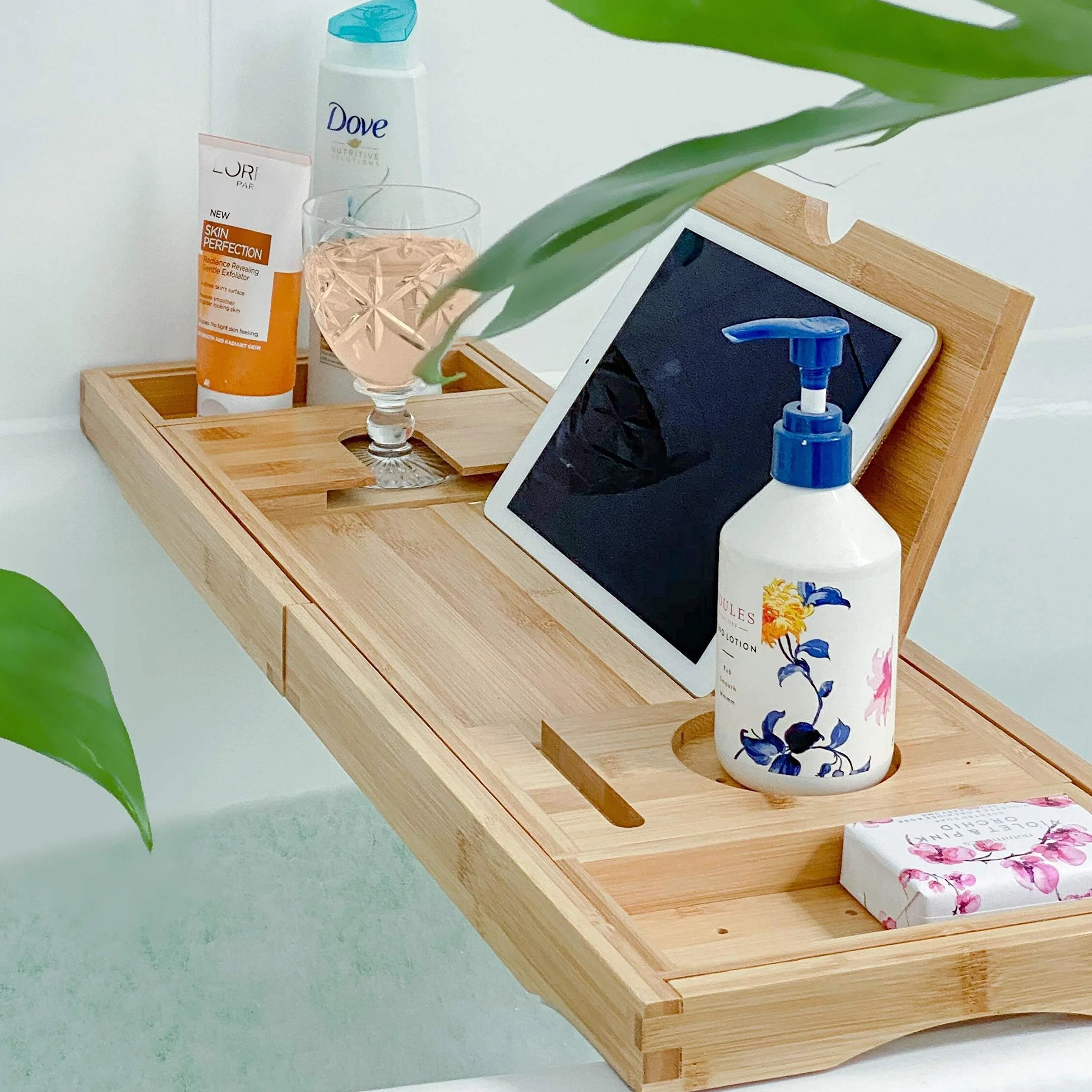 Baignoire Plateau Bambou Antidérapant pour Bain avec Support iPad Téléphone