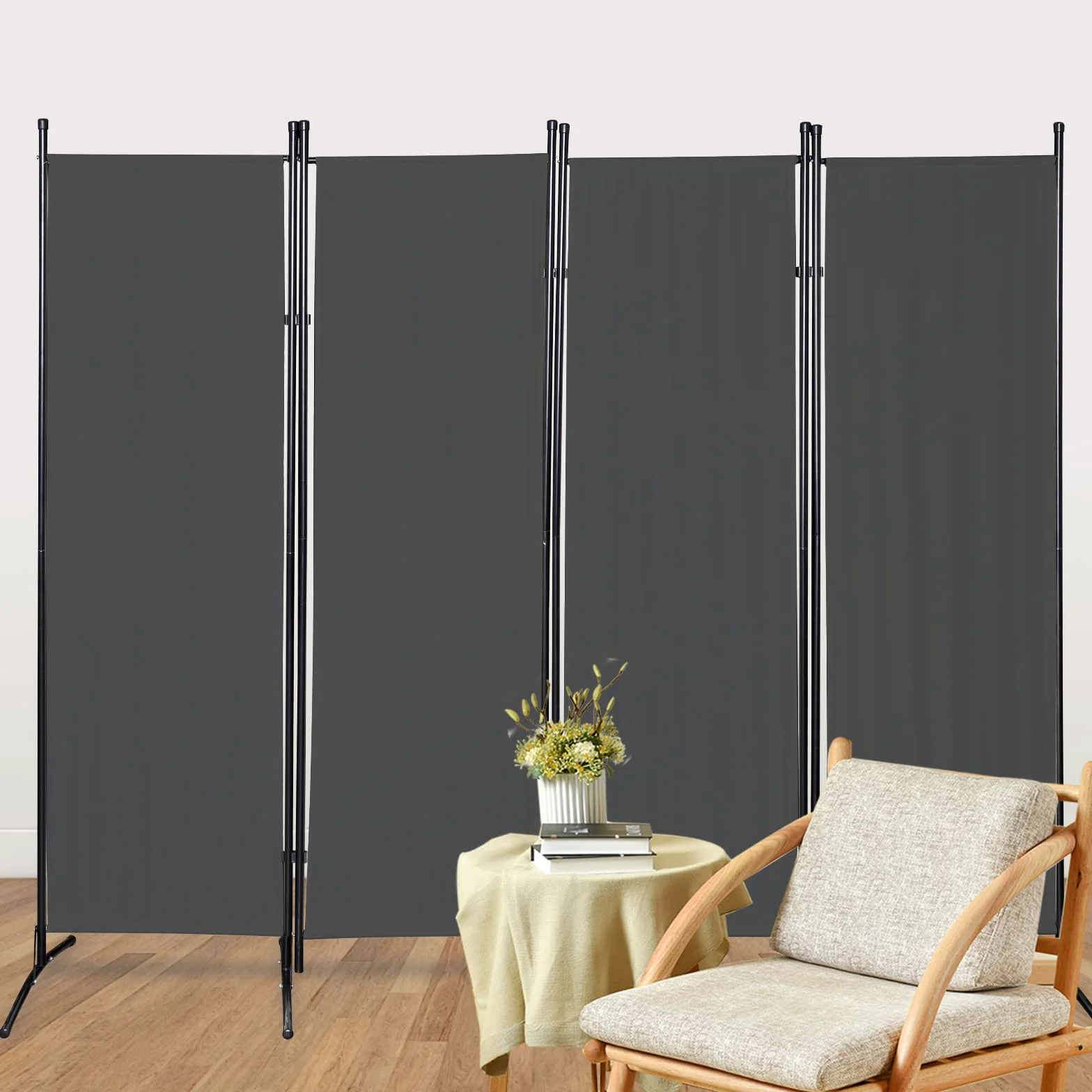 Paravent Cloison de Séparation 4 pièces, 200 x 170 cm, Pliable, autoportant, séparateur de pièce, intérieur écran Pliable pour Bureaux, Chambres à Coucher (Gris Foncé)