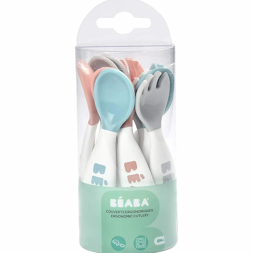 BÉABA Set Premiers Couverts ergonomiques Lot de 6 Cuillères 4 Fourchettes Gris Bleu Rose