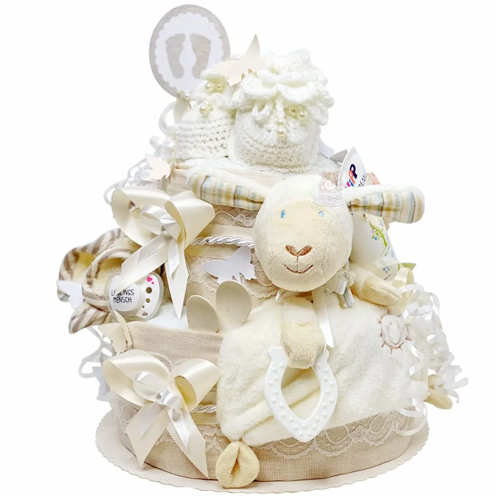 MomsStory Gâteau de Couches Neutre Mouton 2 Étages Beige Cadeau Naissance Baby Shower