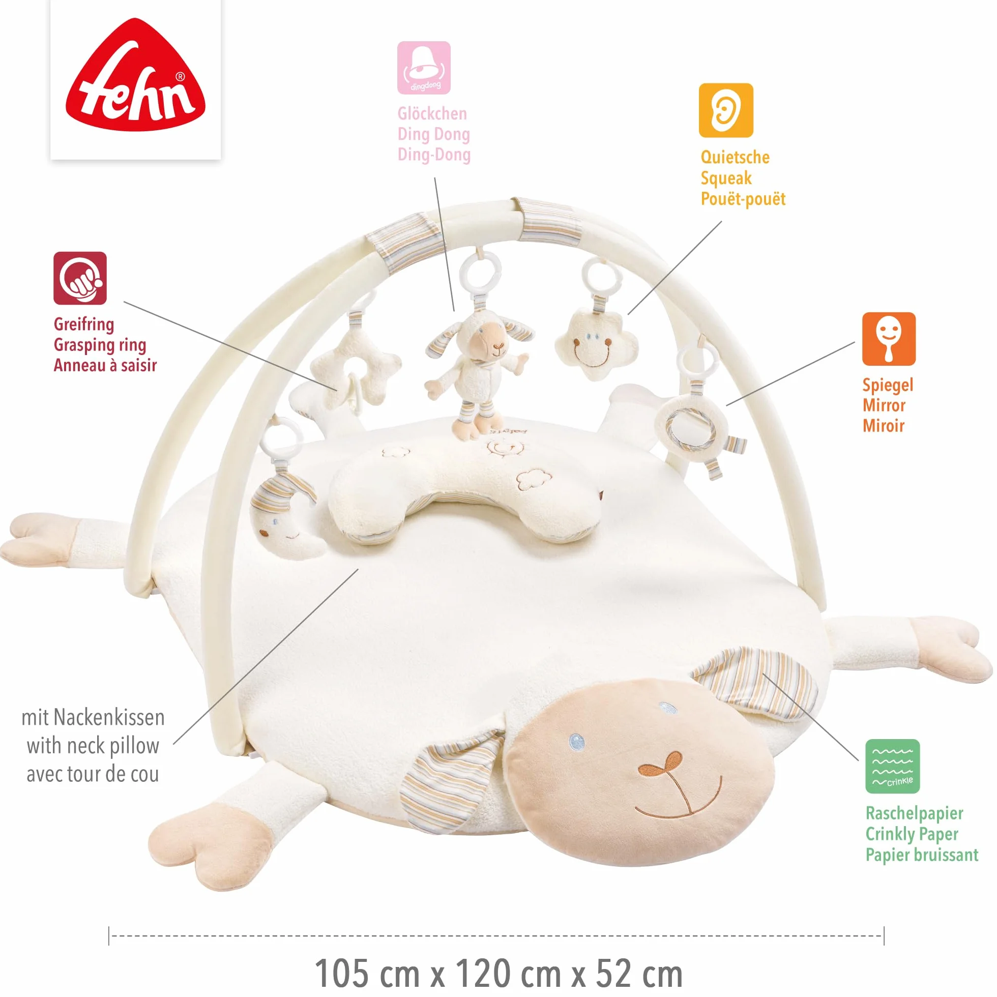 Fehn Couverture d'activités 3D Arche de jeu mouton avec 5 jouets amovibles pour bébés dès 0+ mois
