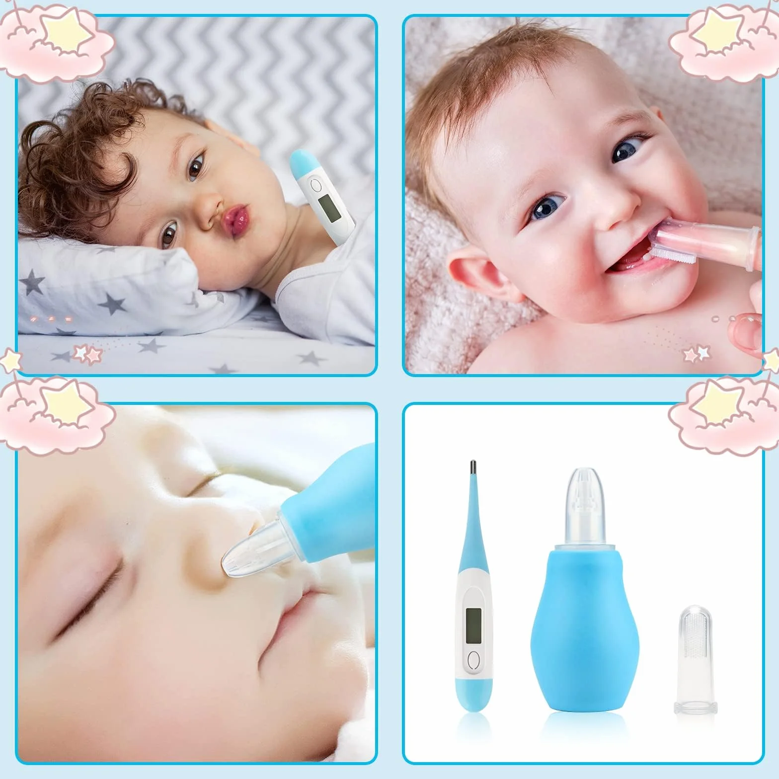 Kit de toilettage pour bébé 20 en 1 avec brosse, peigne, coupe-ongles, aspirateur nasal, bleu