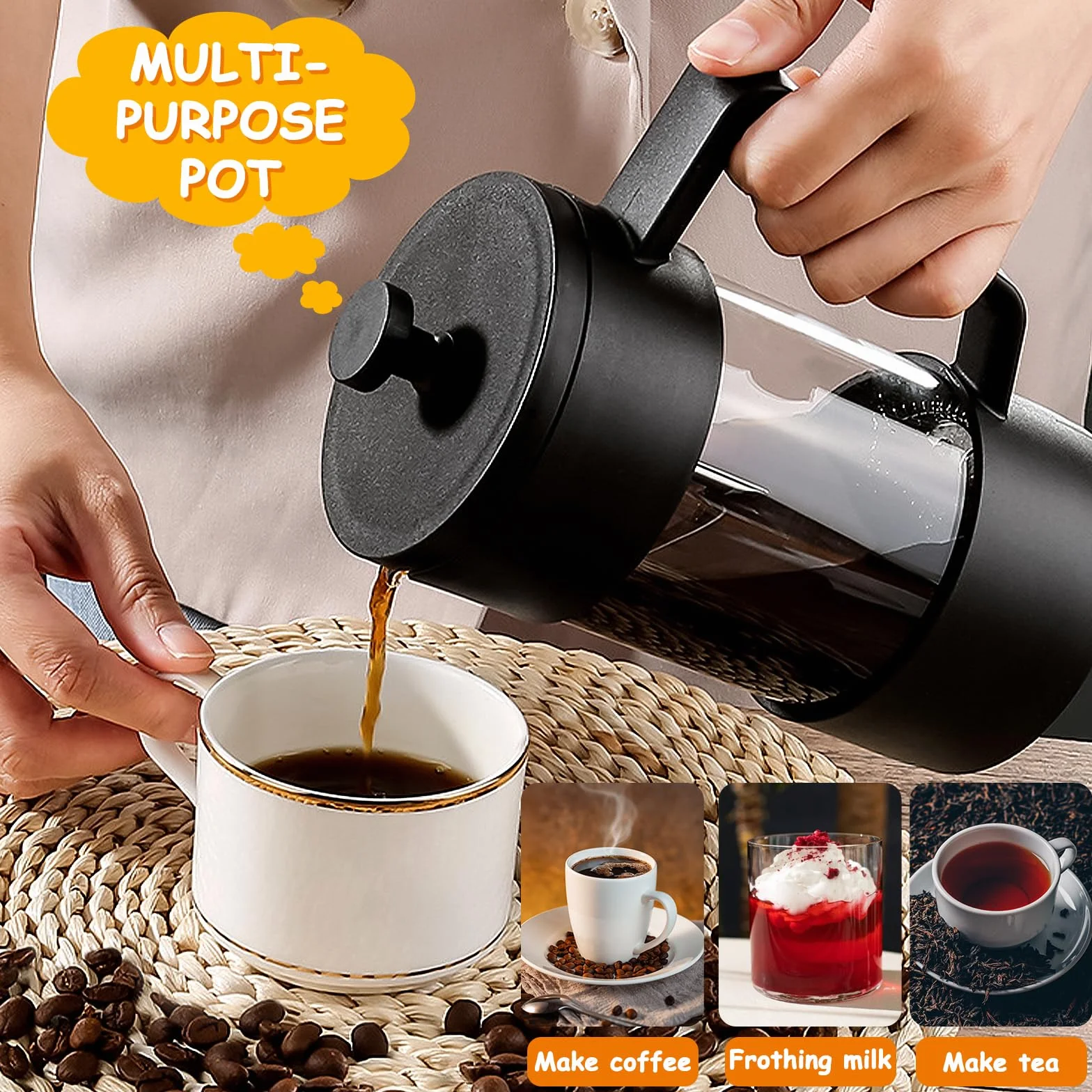 Cafetière à Piston French Press 1000 ml Verre Borosilicate Triple Filtres Acier Inoxydable Noir