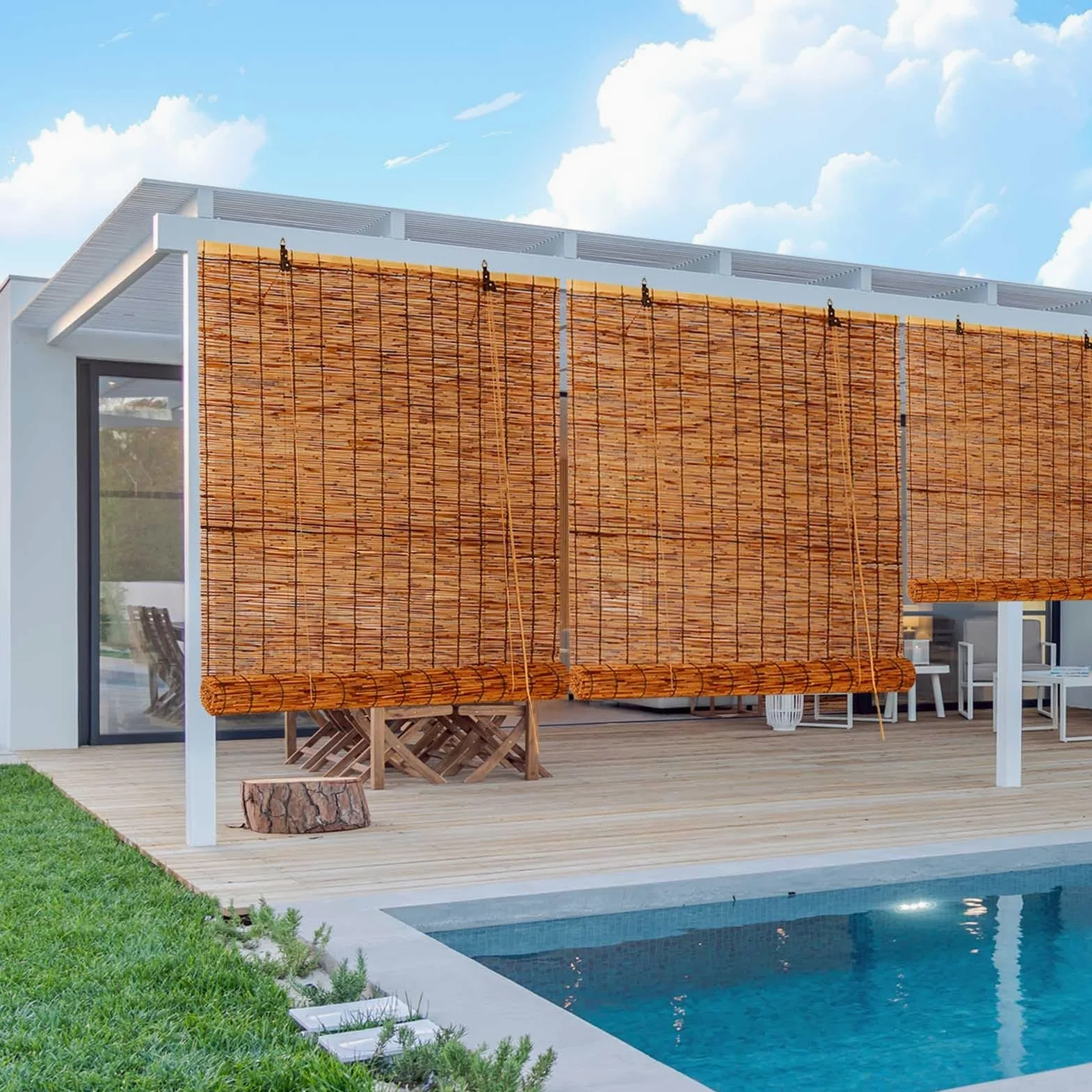 Rideau Store Bambou Exterieur Intérieur Store Enrouleur Roseau Imperméables 50-180cm Faciles à Installer Anti-UV Intimité Pour Salon Terrasse Pergola Rétro Rideau de Paille avec Levage(W150xH180cm)