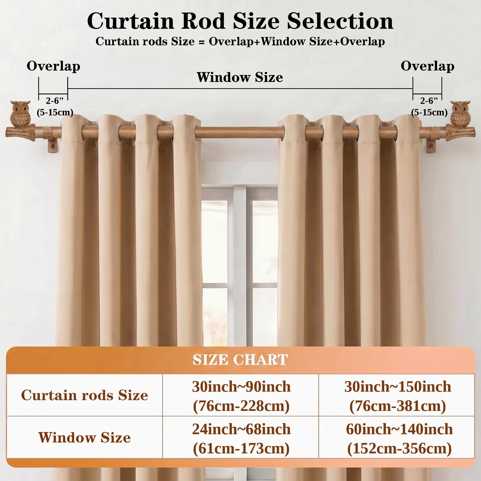 Tringle à Rideau Aspect Bois avec Embout Hibou, extra longue réglable 76-381cm tringle Métal pour portes coulissantes terrasse baie vitrée salon chambre fenêtres, 25mm, supporte 13,6 kg