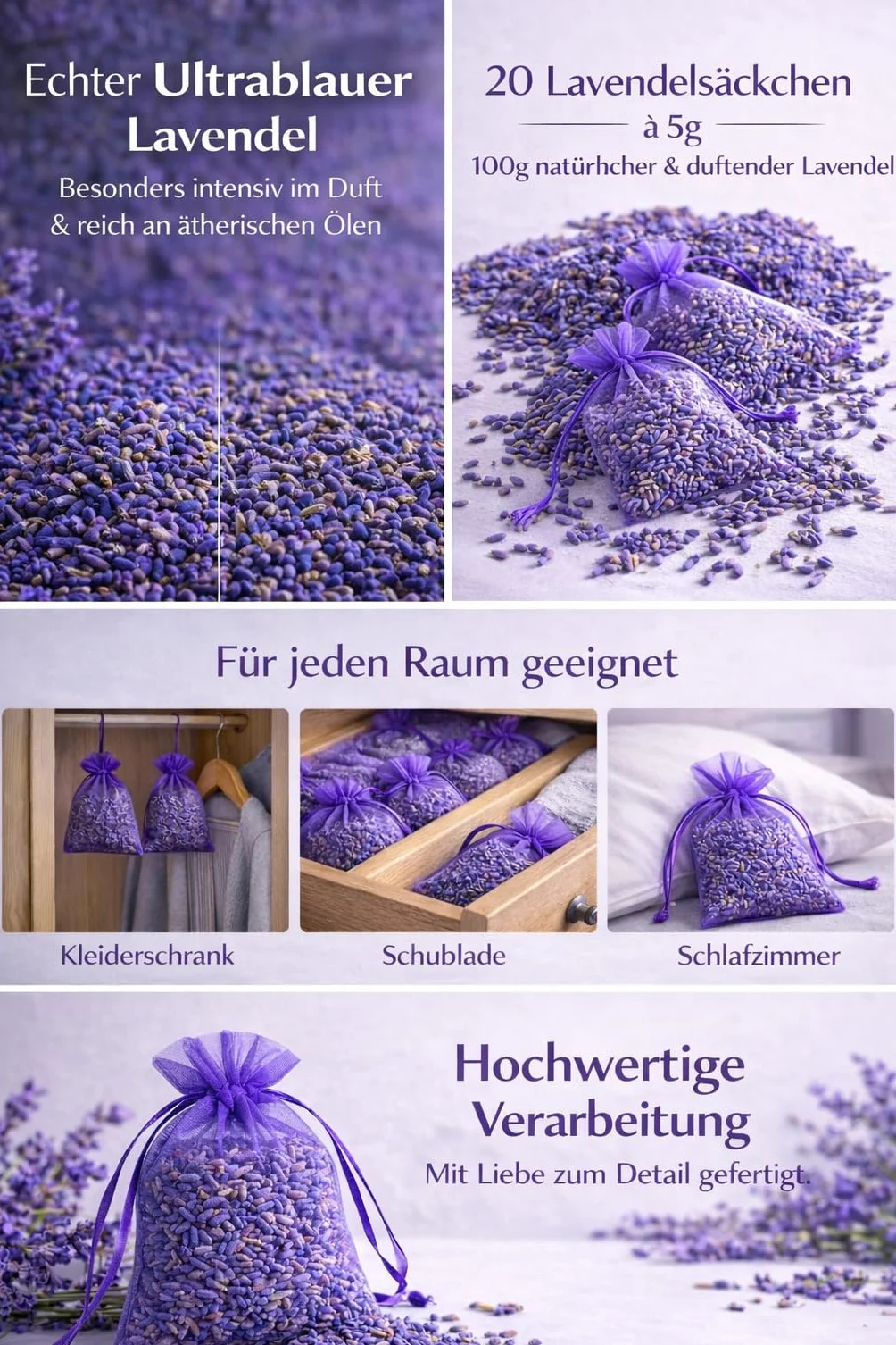Lavoire Sachets Parfumés Lavande Anti-Mites 16x6g Piège à Mites 100% Lavande Séchée