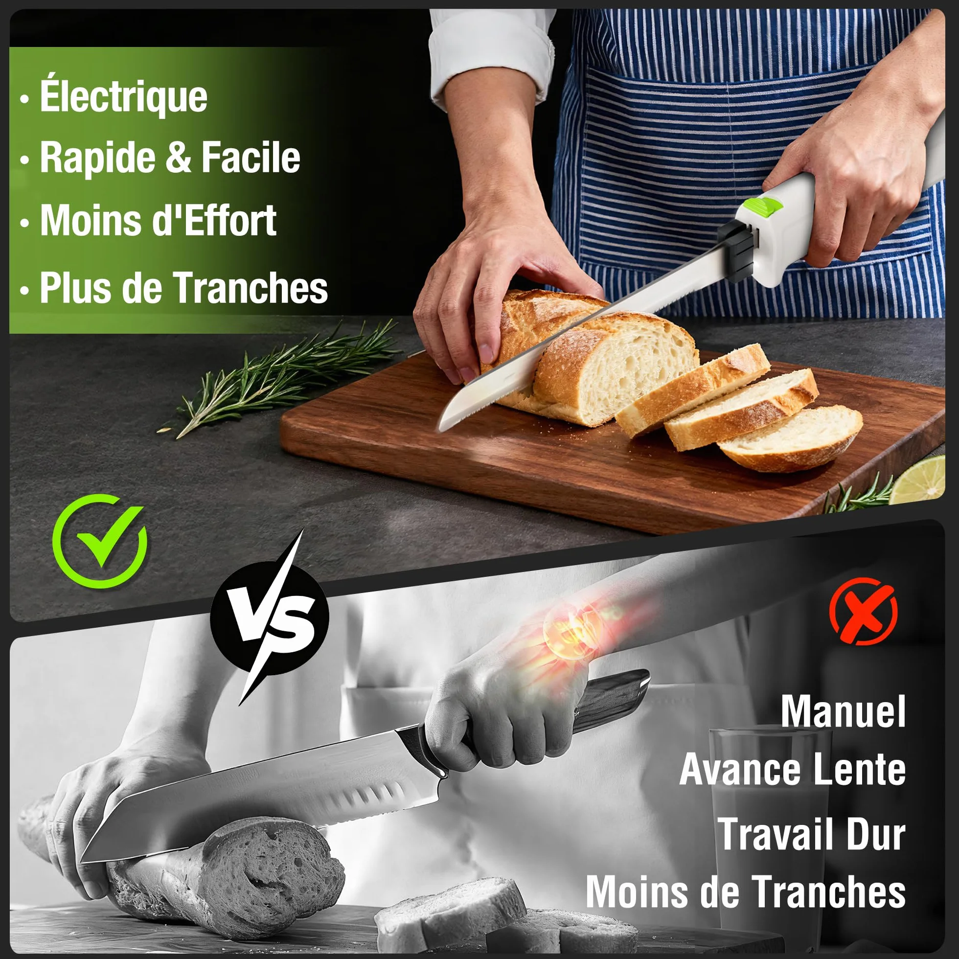 WORKPRO Couteau Électrique Sans Fil 8V, 2 Lames Acier Inoxydable, Lavable Lave-Vaisselle