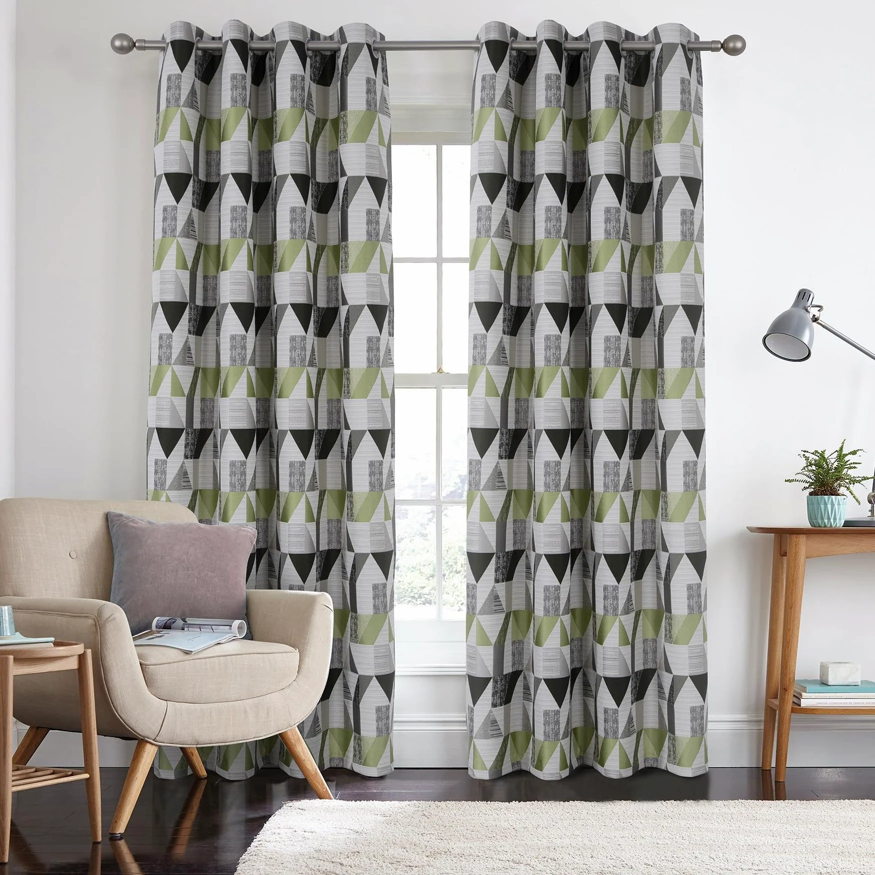 always4u Rideau Occultant à Motifs Géométrique en Faux Lin, Double Rideaux Isolation Thermique à Oeillets pour Salon et Chambre, Moderne, Vert 140x245cm Lot de 2