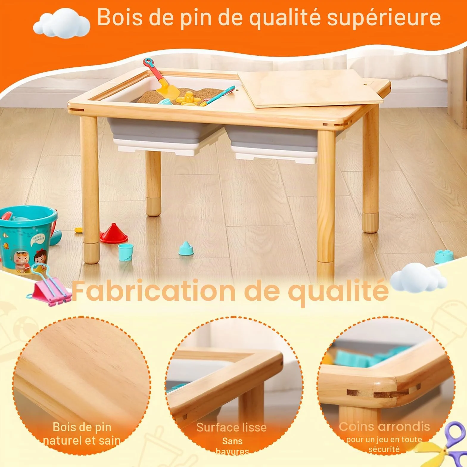 FUNLIO Table sensorielle en Bois avec 2 bacs pour Les Enfants de 1 à 5 Ans, Table sensorielle pour Enfants à Hauteur réglable sur 3 Niveaux, de Jeu pour l'eau et Le Sable, certifiée CPC