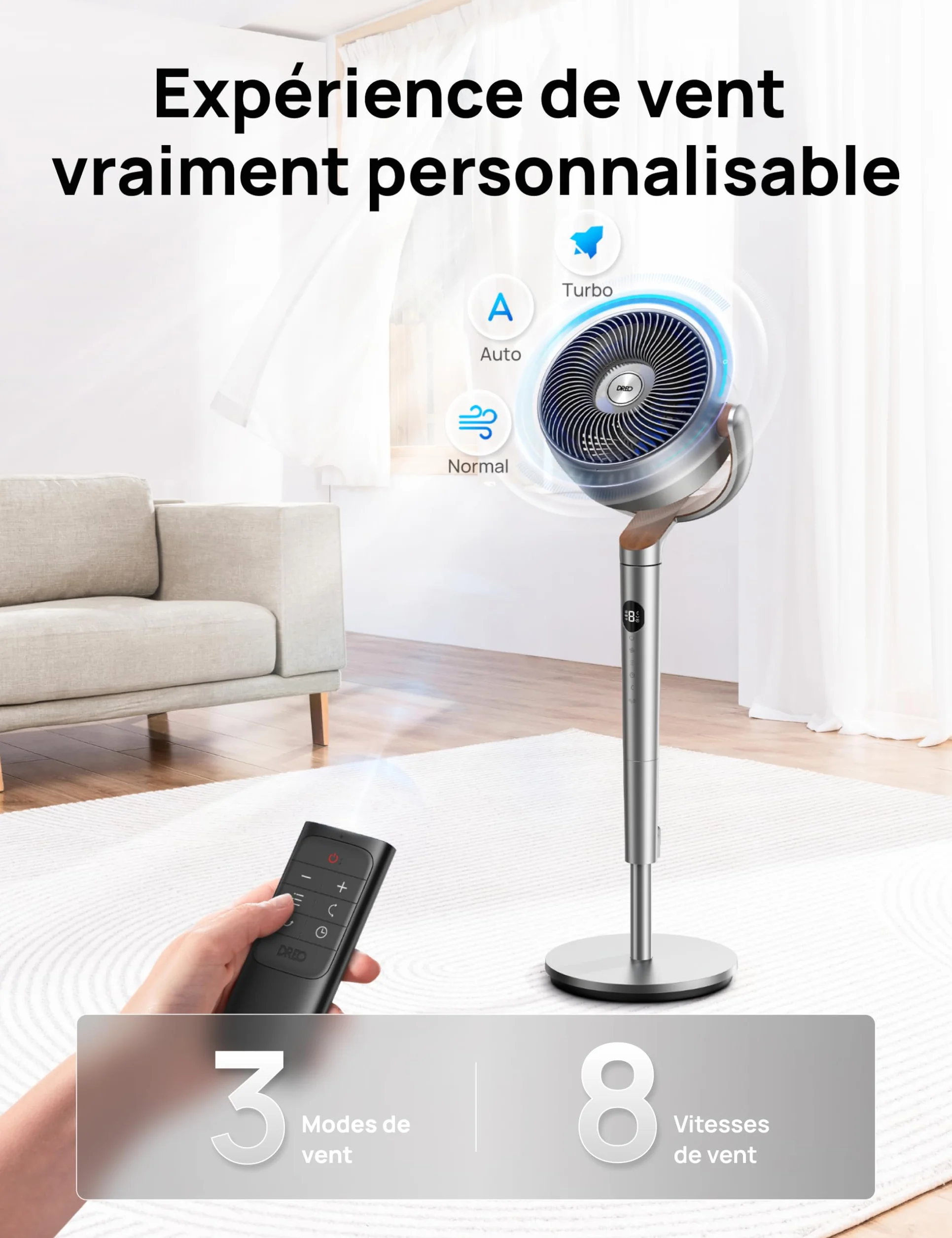 DREO ventilateur sur pied silencieux 23dB 1200m³/h 24M circulateur turbo PolyFan 502