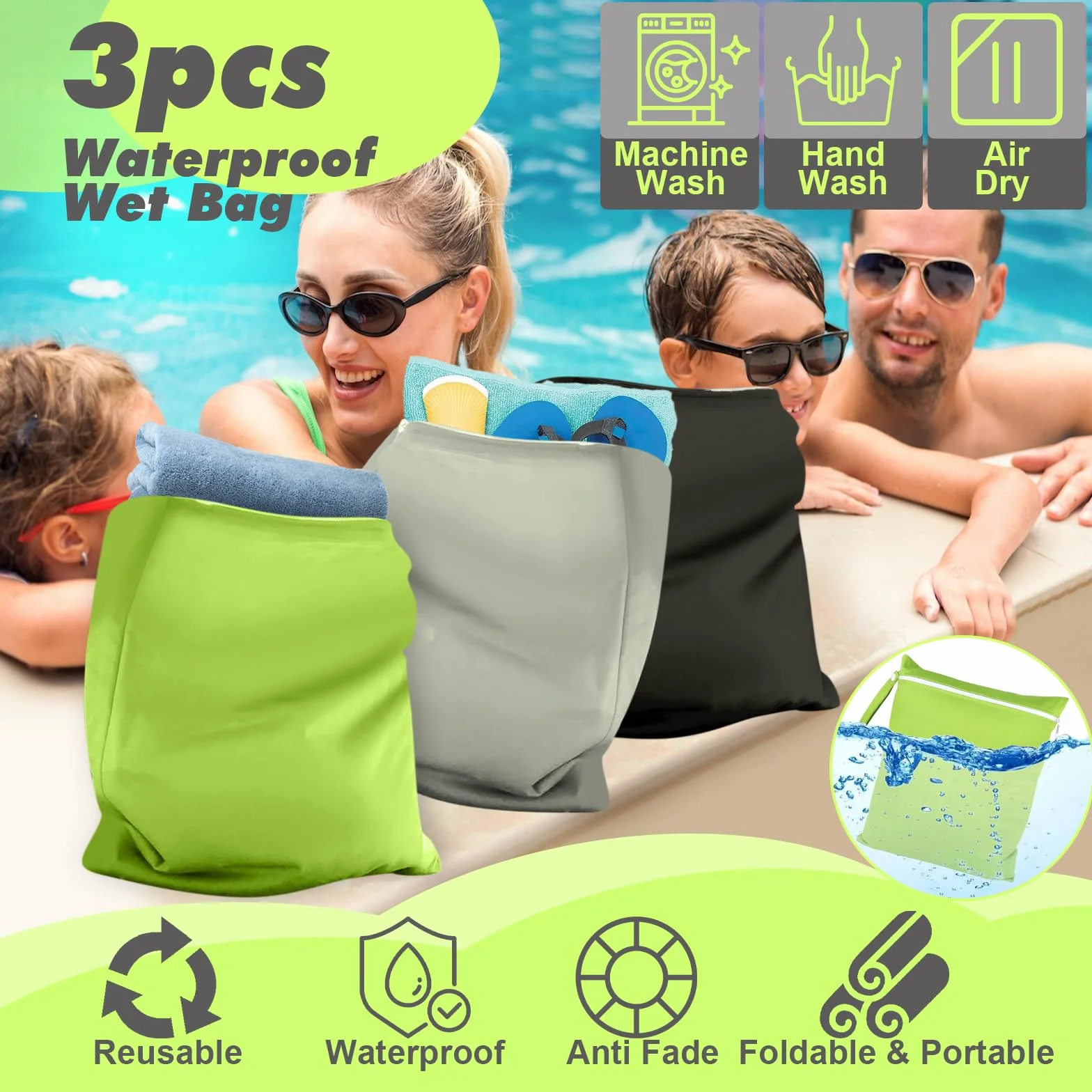Wetbag Imperméable 40x30 cm 3 Pièces avec Fermeture Éclair, Sac à Couches Lavables Noir Gris Vert